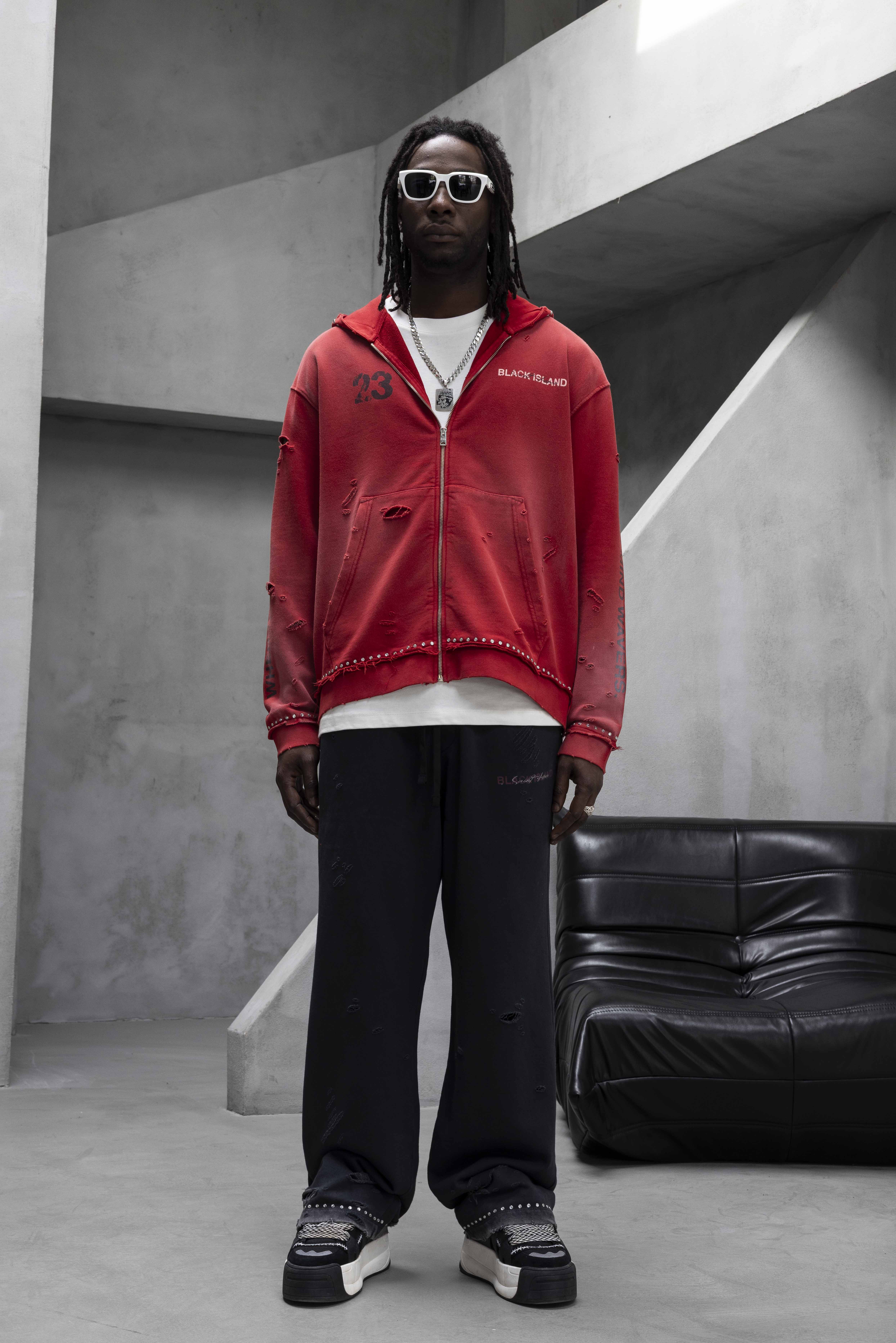 Red Destroyed Stud Detailed Oversize Hoodie