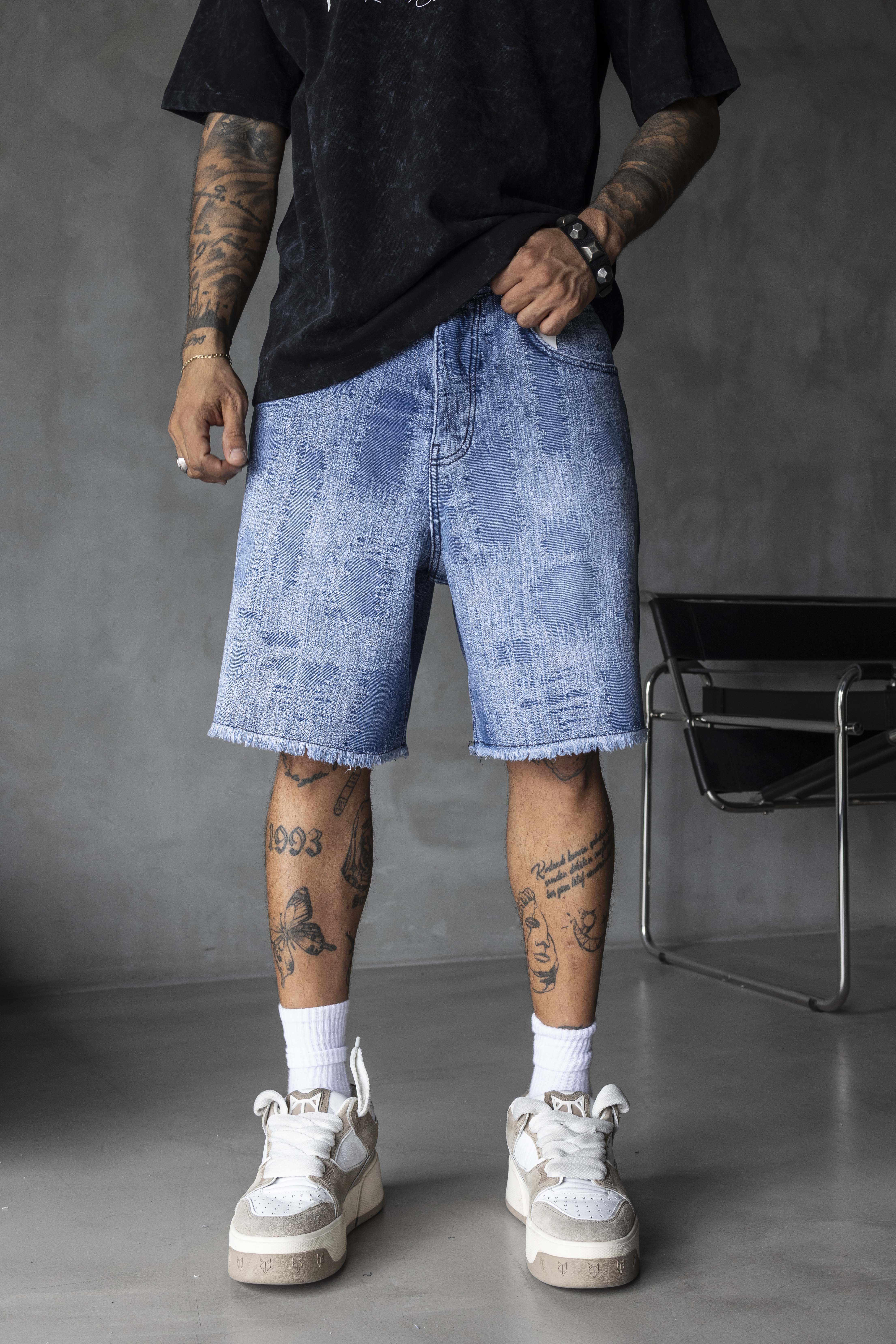 Oversized Textured Blue Washed Denim Shorts