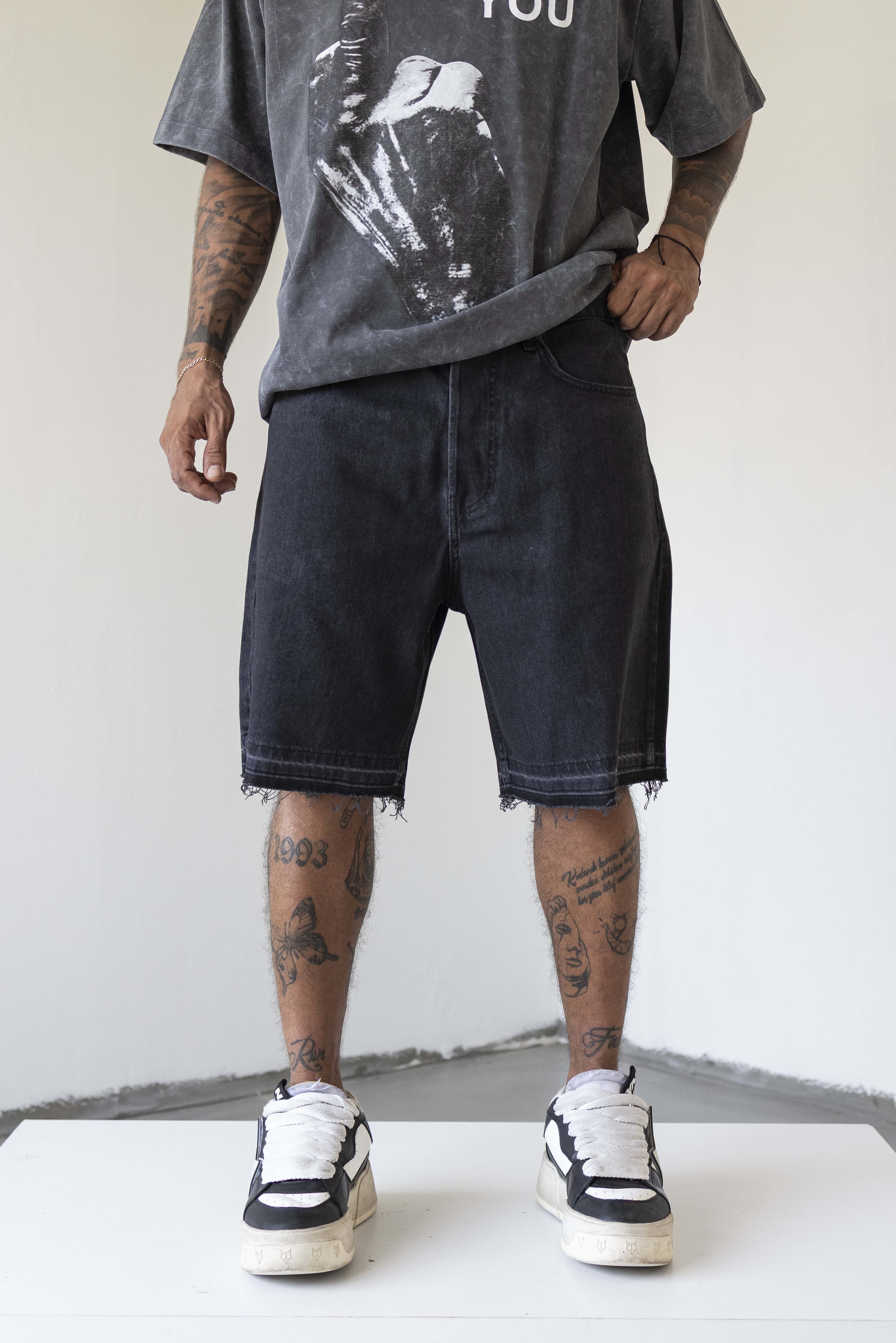 Washed Black Raw-Hem Denim Shorts