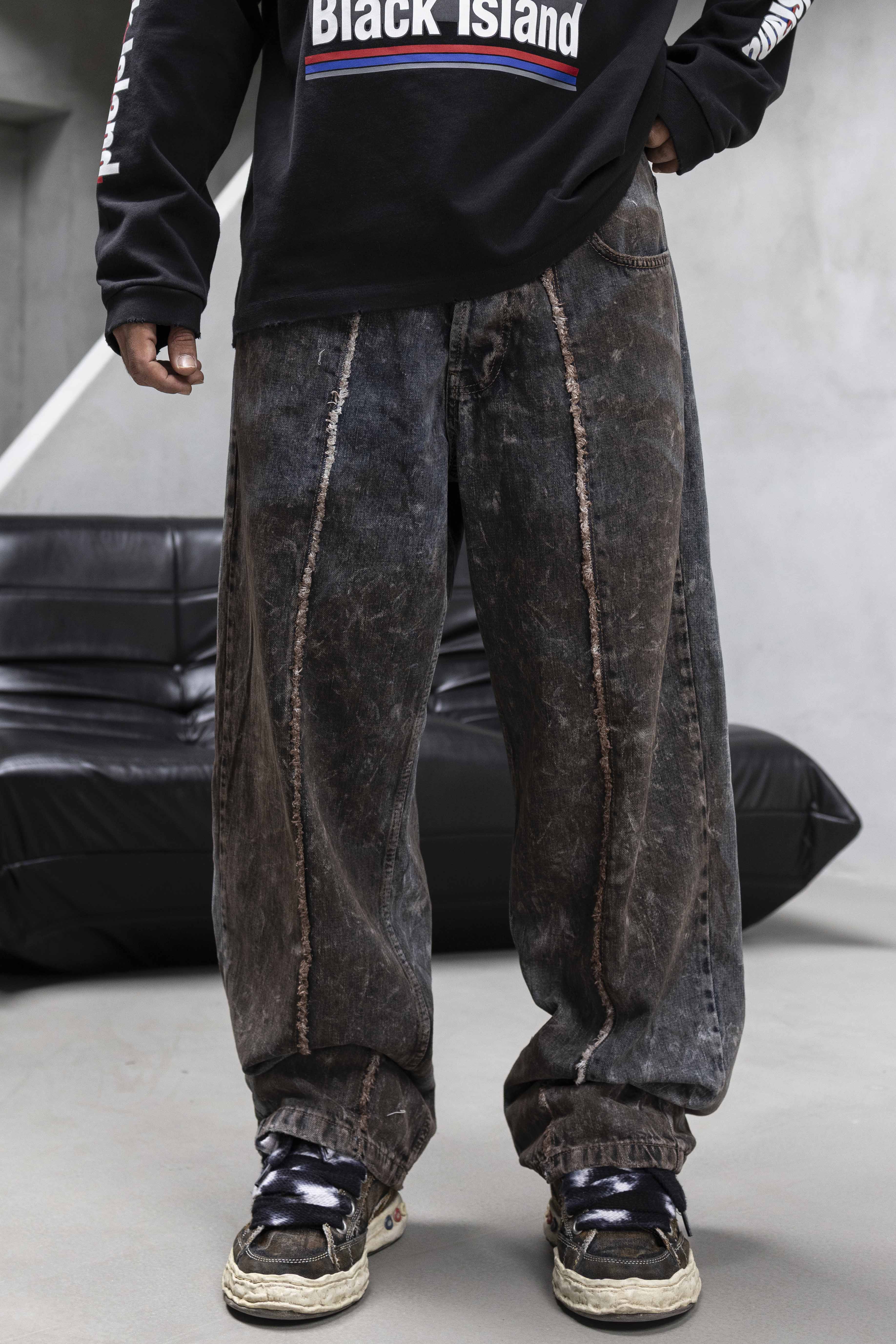 Brown Raw Edge Seam Denim Pants