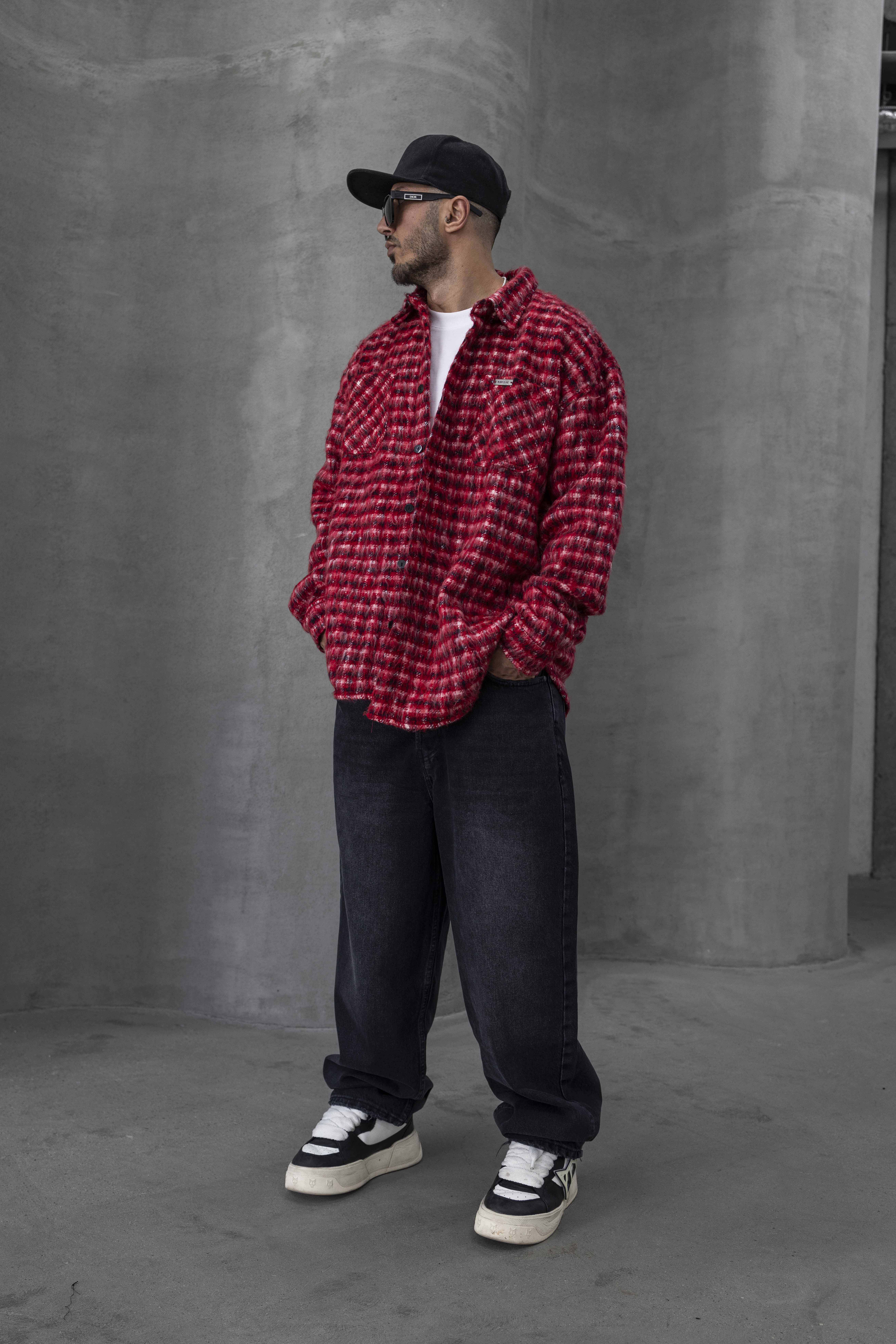 Oversized Red Textured Checkered Shacket 15367