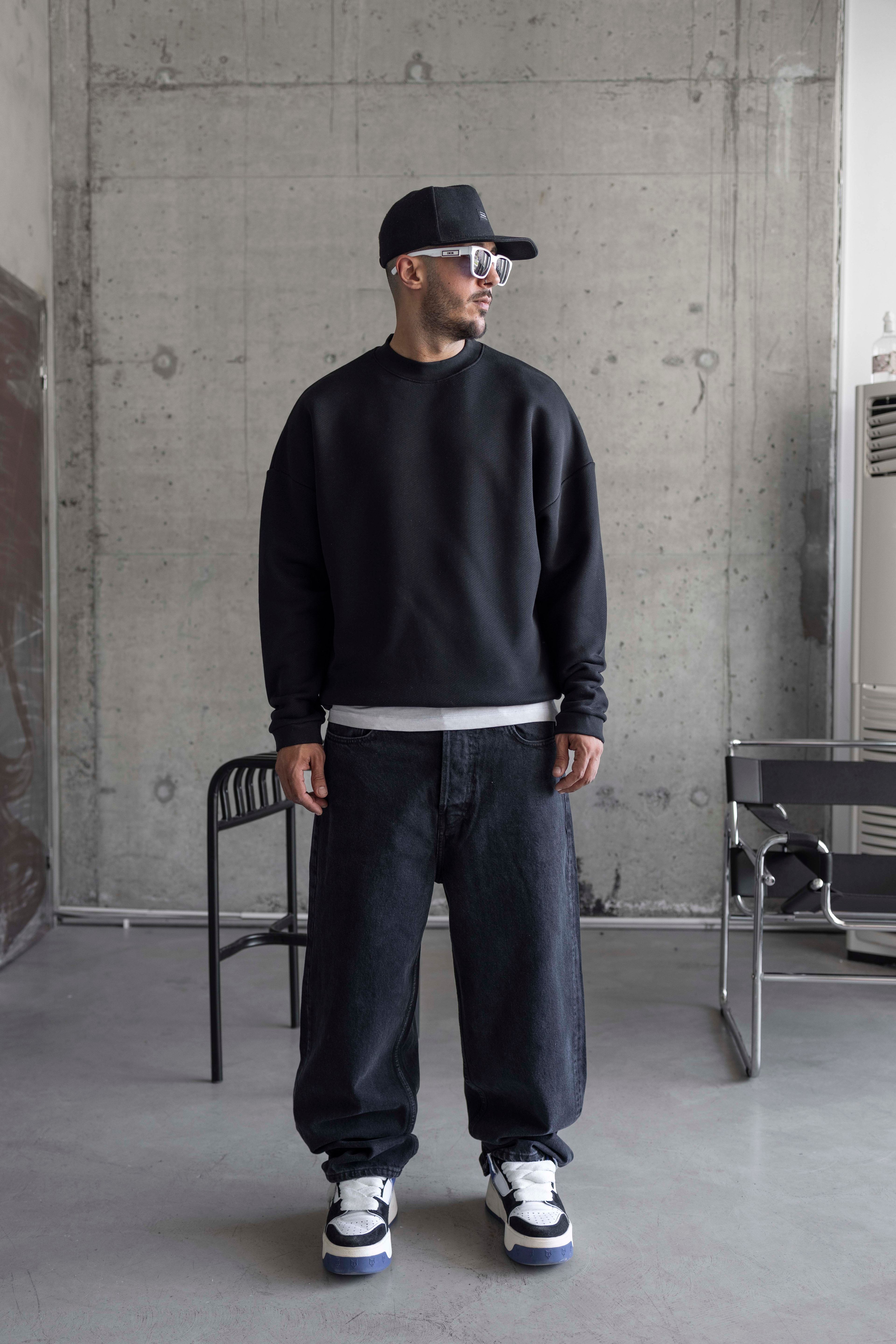 Yıkamalı Oversize Basic Sweatshirt - SİYAH