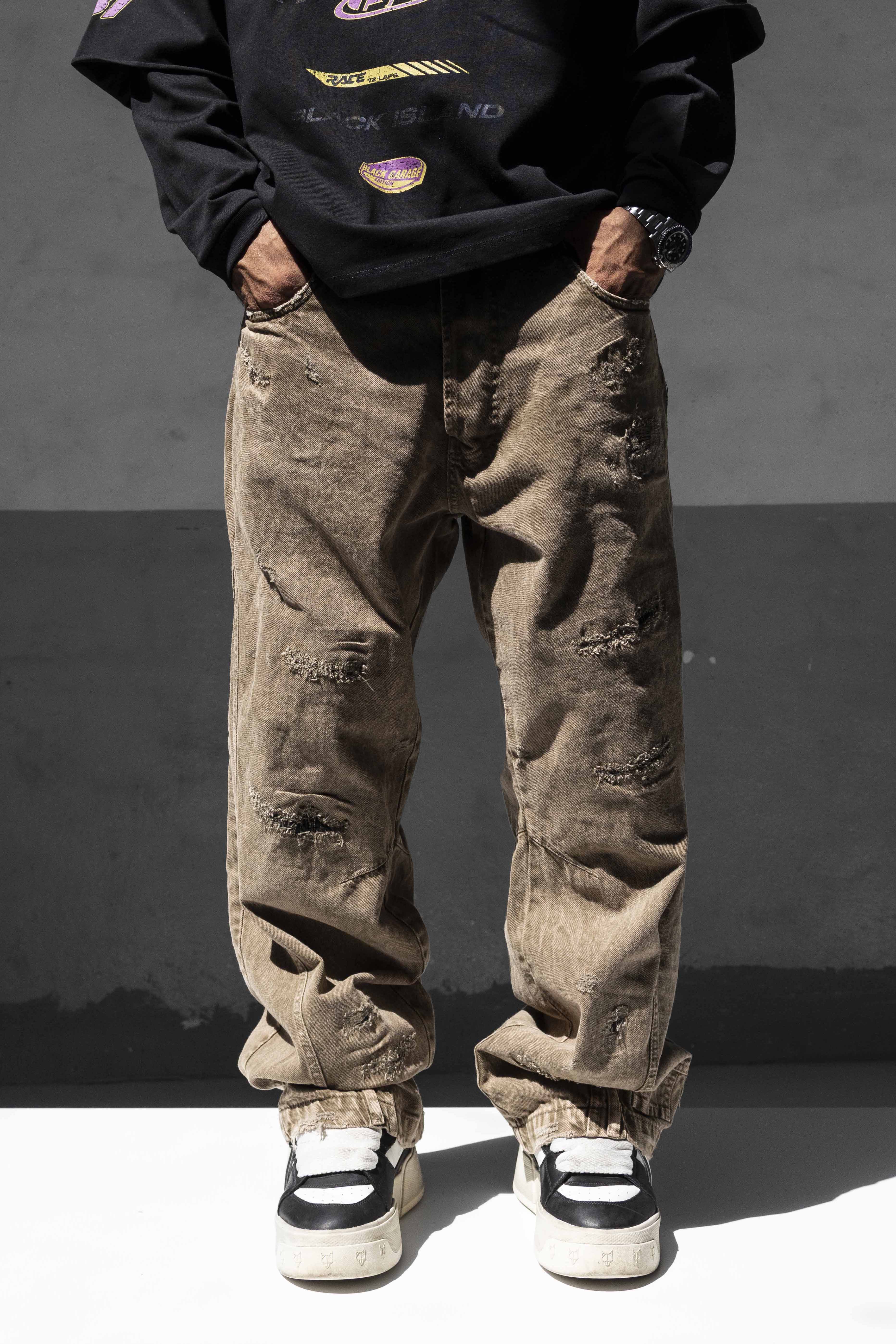 Brown Destroyed Baggy Denim Pants