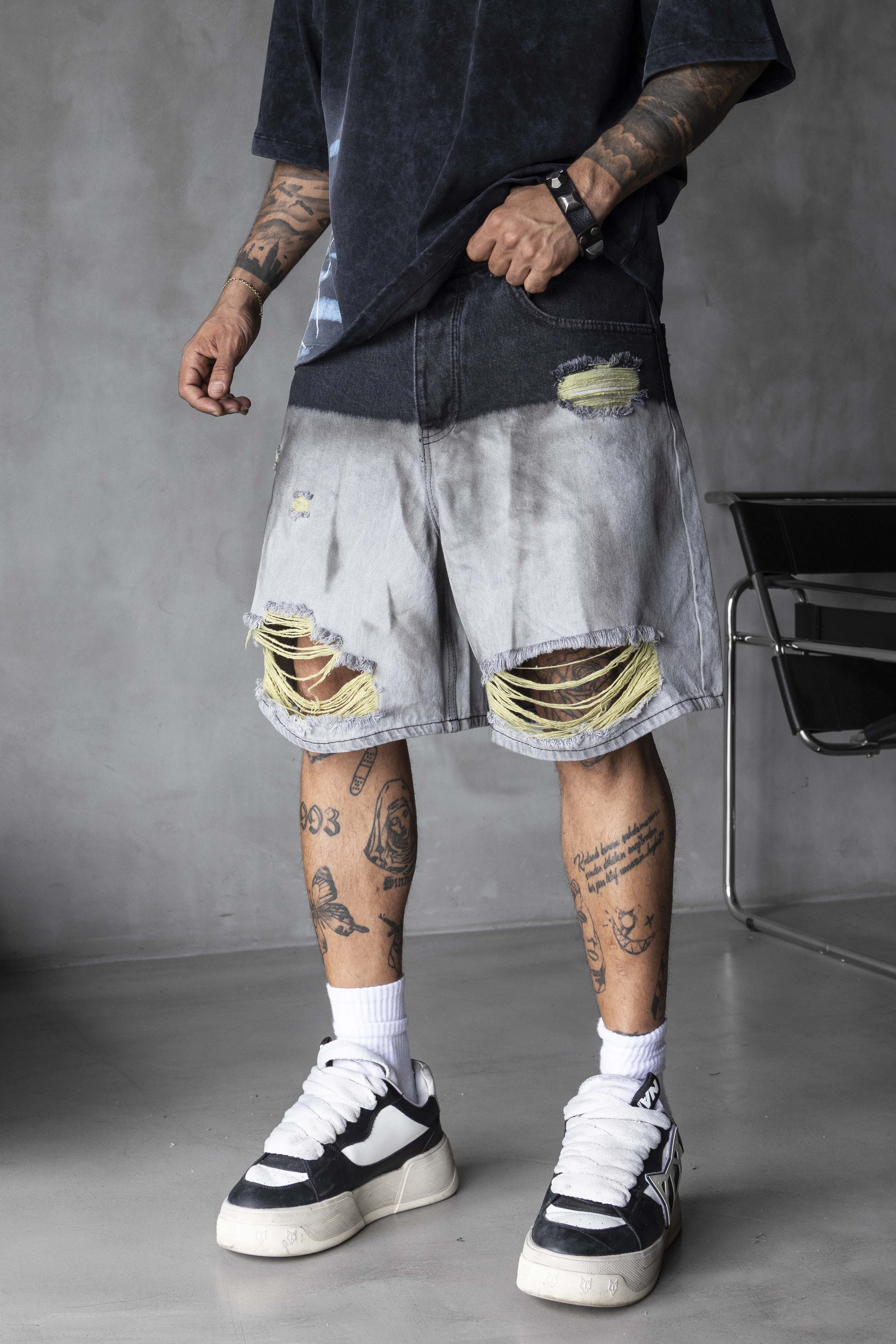 Two-Tone Ripped Denim Shorts