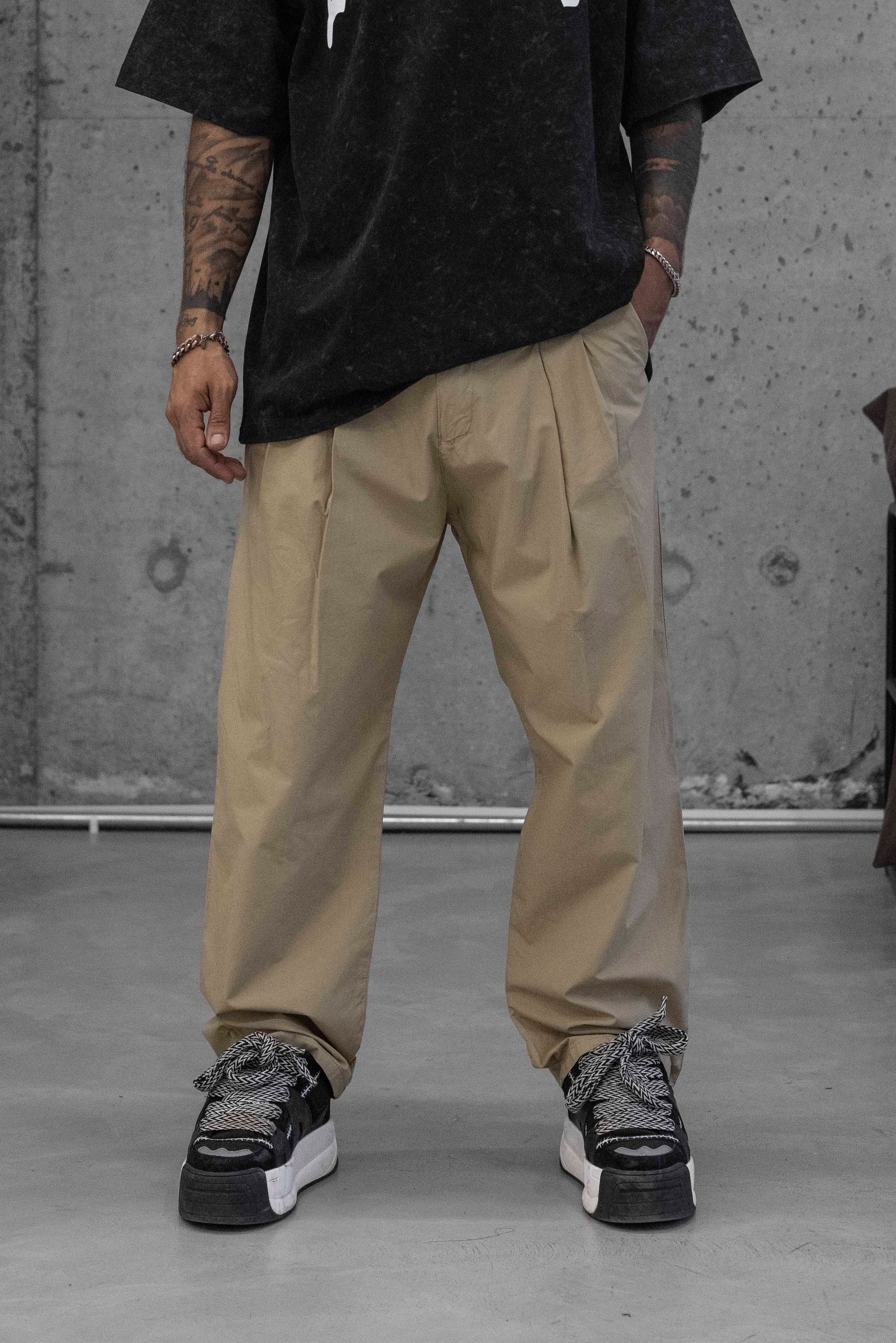 İki Tonlu Pileli Geniş Paça Pantolon – Relaxed Fit - BEJ