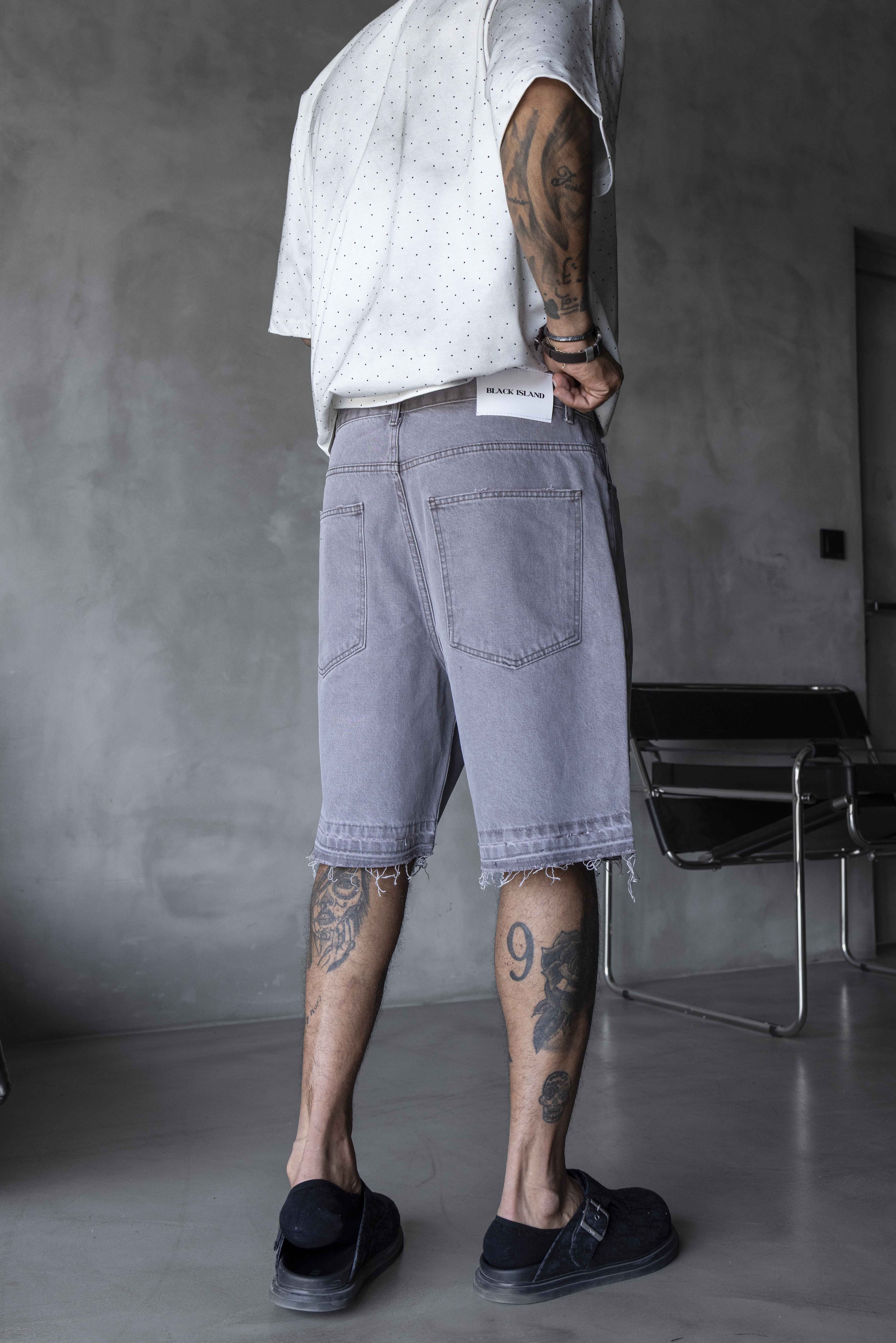 Dusty Grey Raw-Hem Washed Denim Shorts