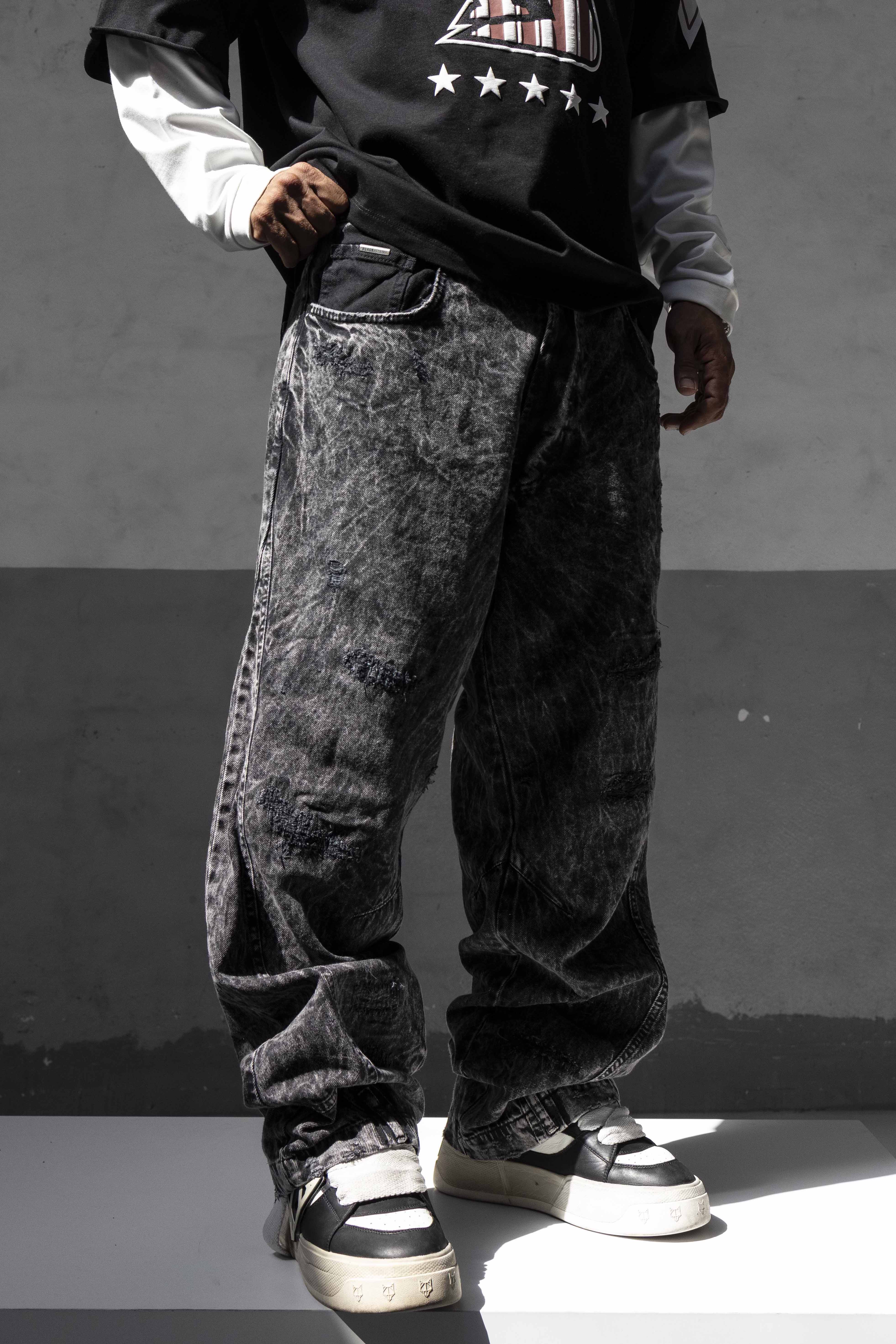 Black Acid Wash Baggy Denim Pants