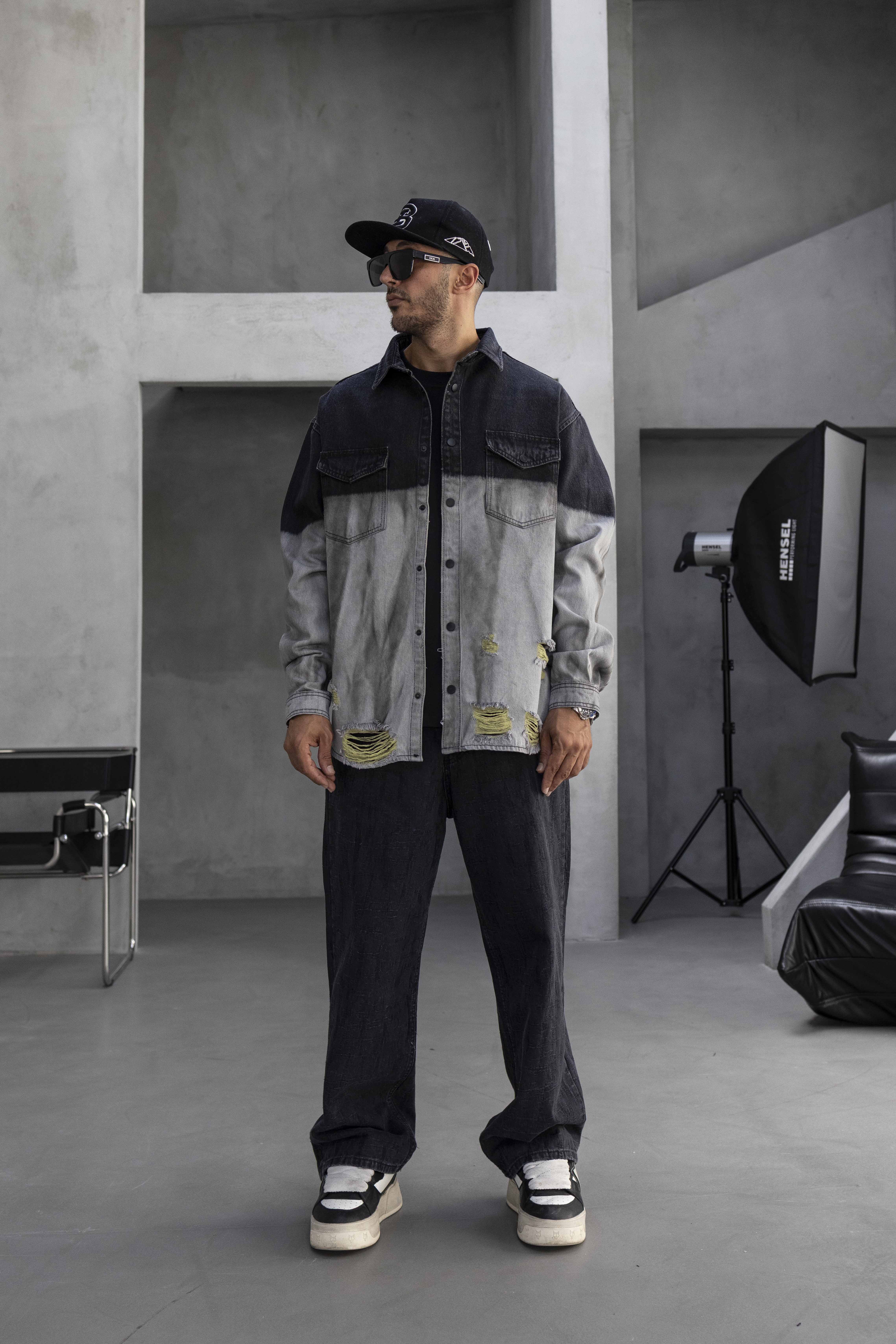 Black & Grey Washed Denim Jacket with Distressed Details