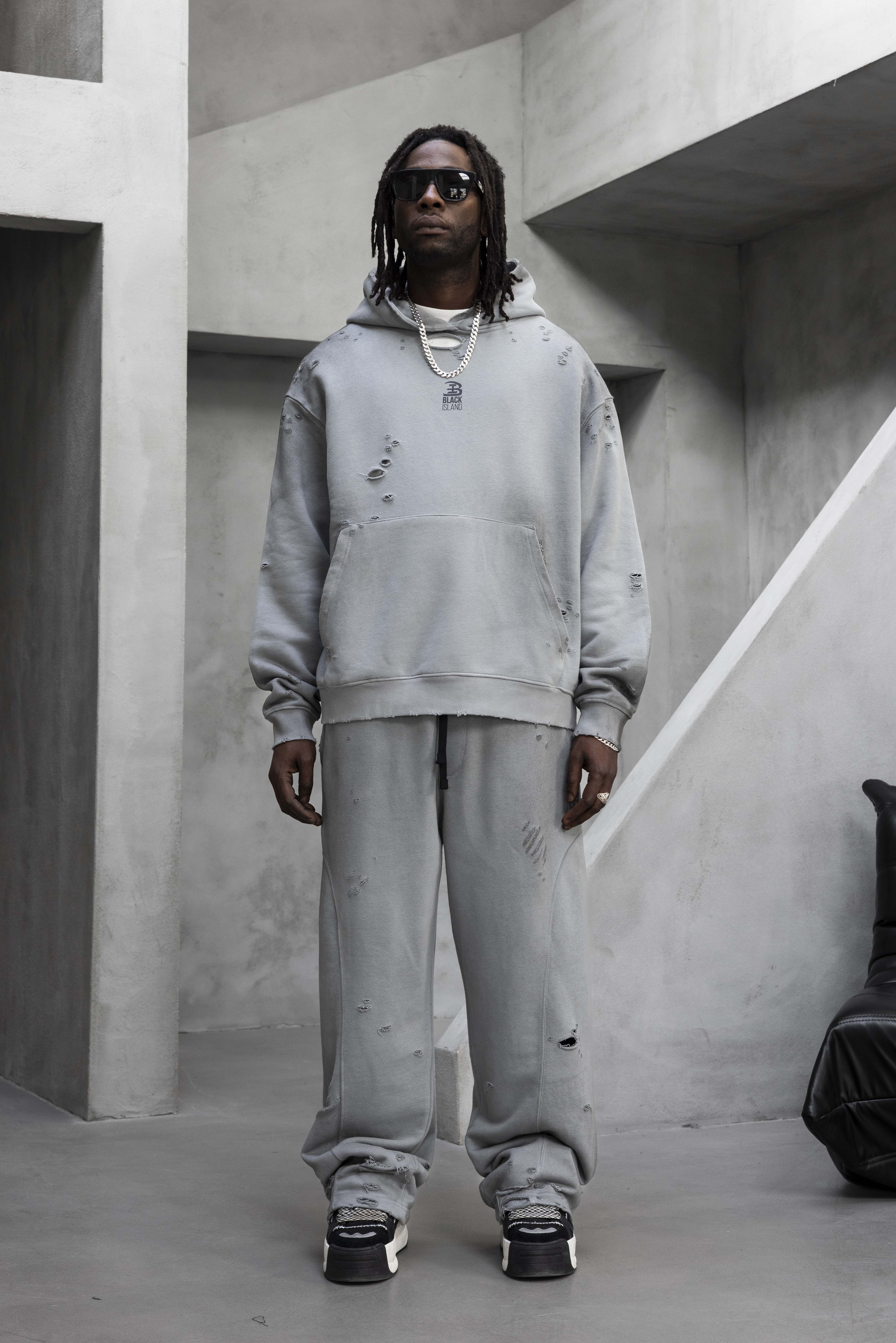 Oversized Distressed Hoodie Tracksuit – Grey