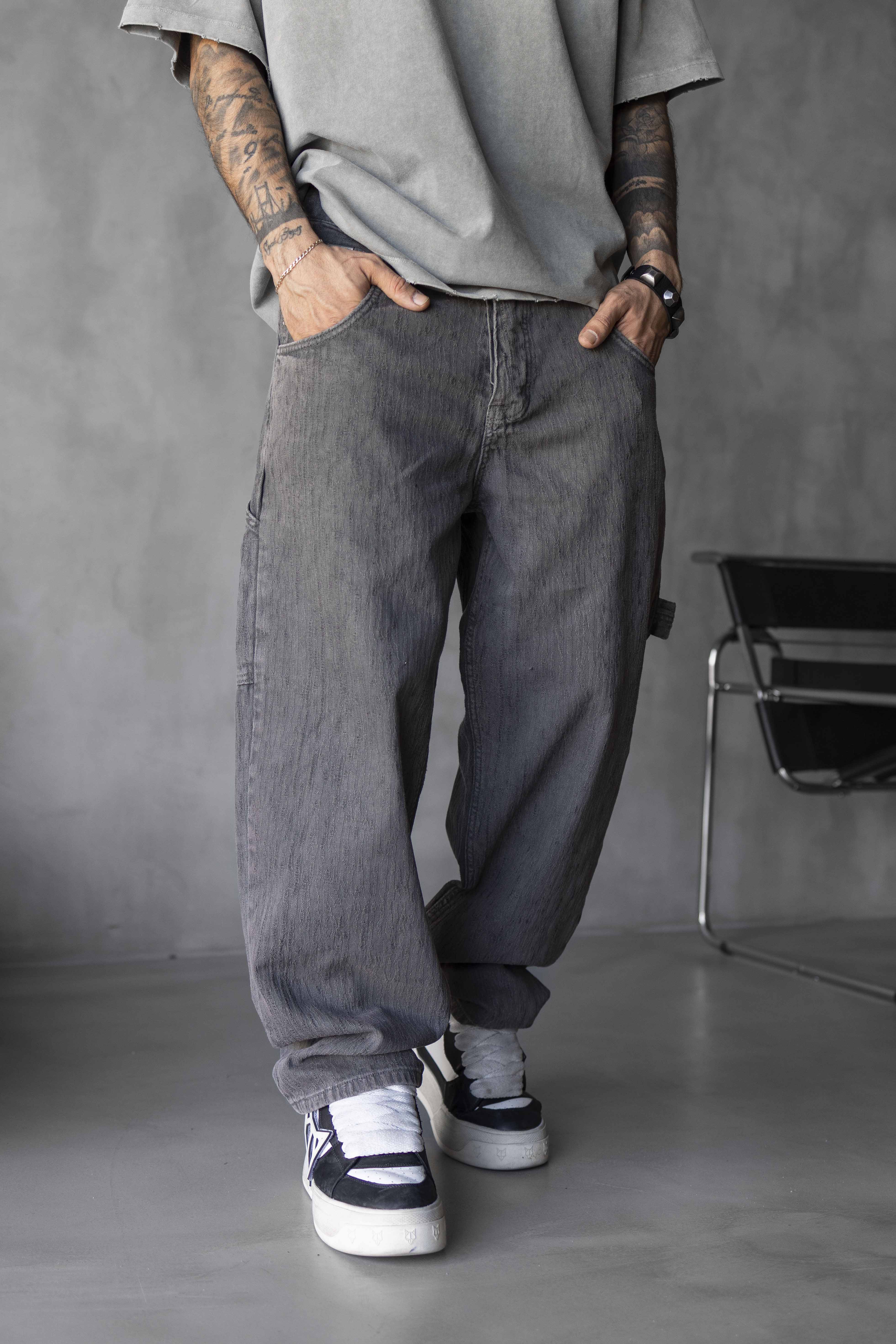 Grey Washed Utility Denim Pants