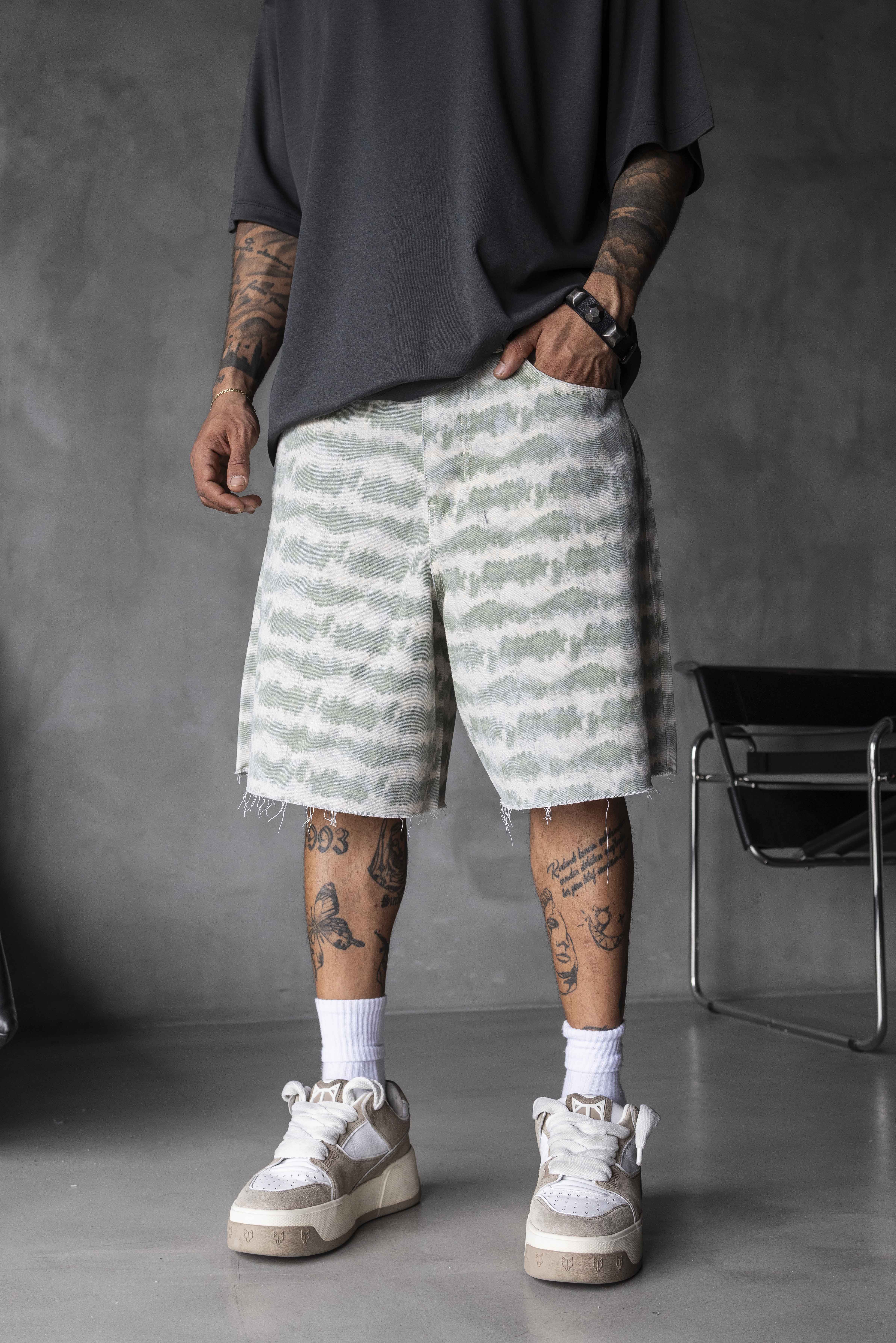 Light Green Camo Pattern Denim Shorts