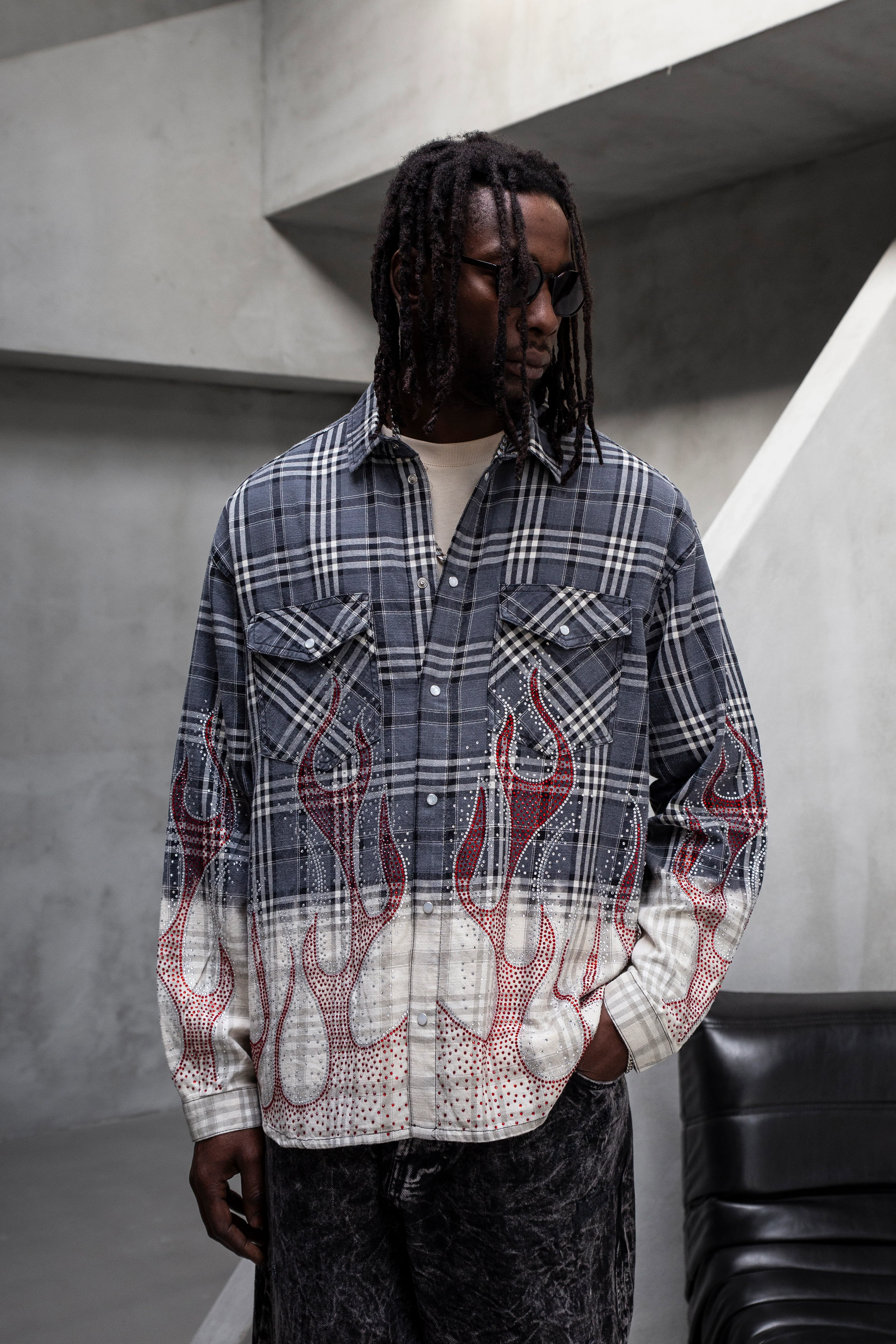 Grey & Beige Flame-Patterned Plaid Shirt