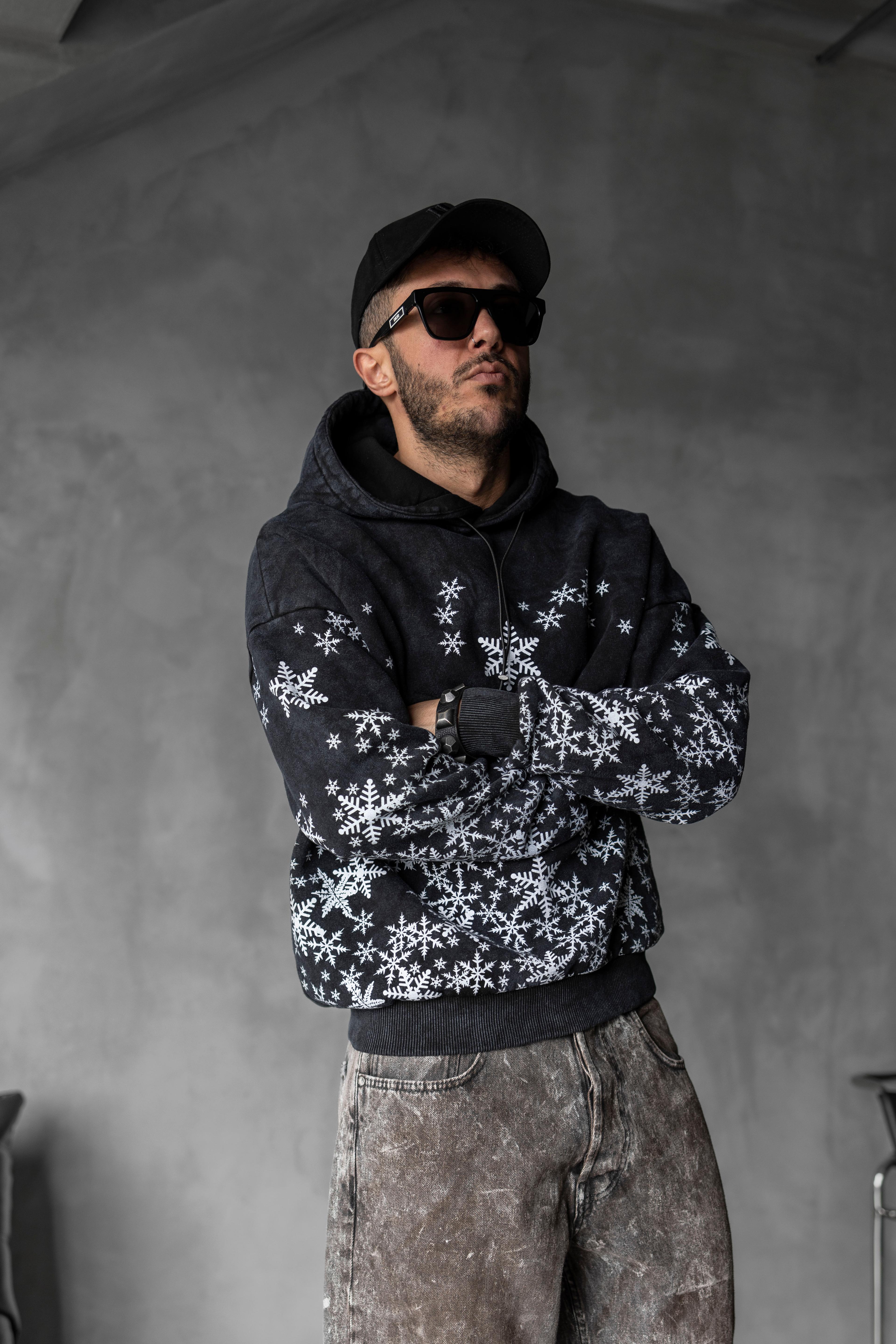 Kar Tanesi Desenli Oversize Kapüşonlu Sweatshirt