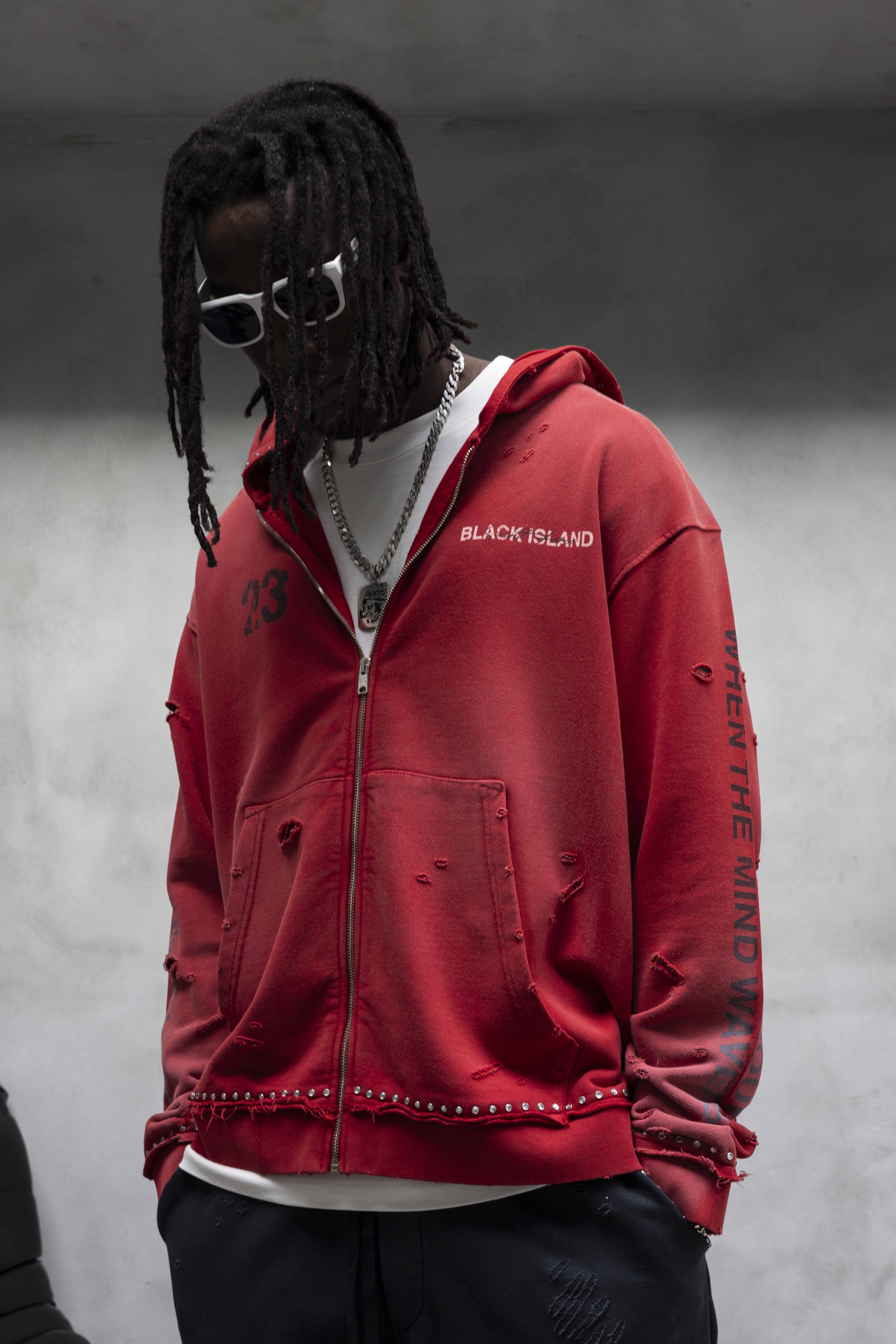 Red Destroyed Stud Detailed Oversize Hoodie