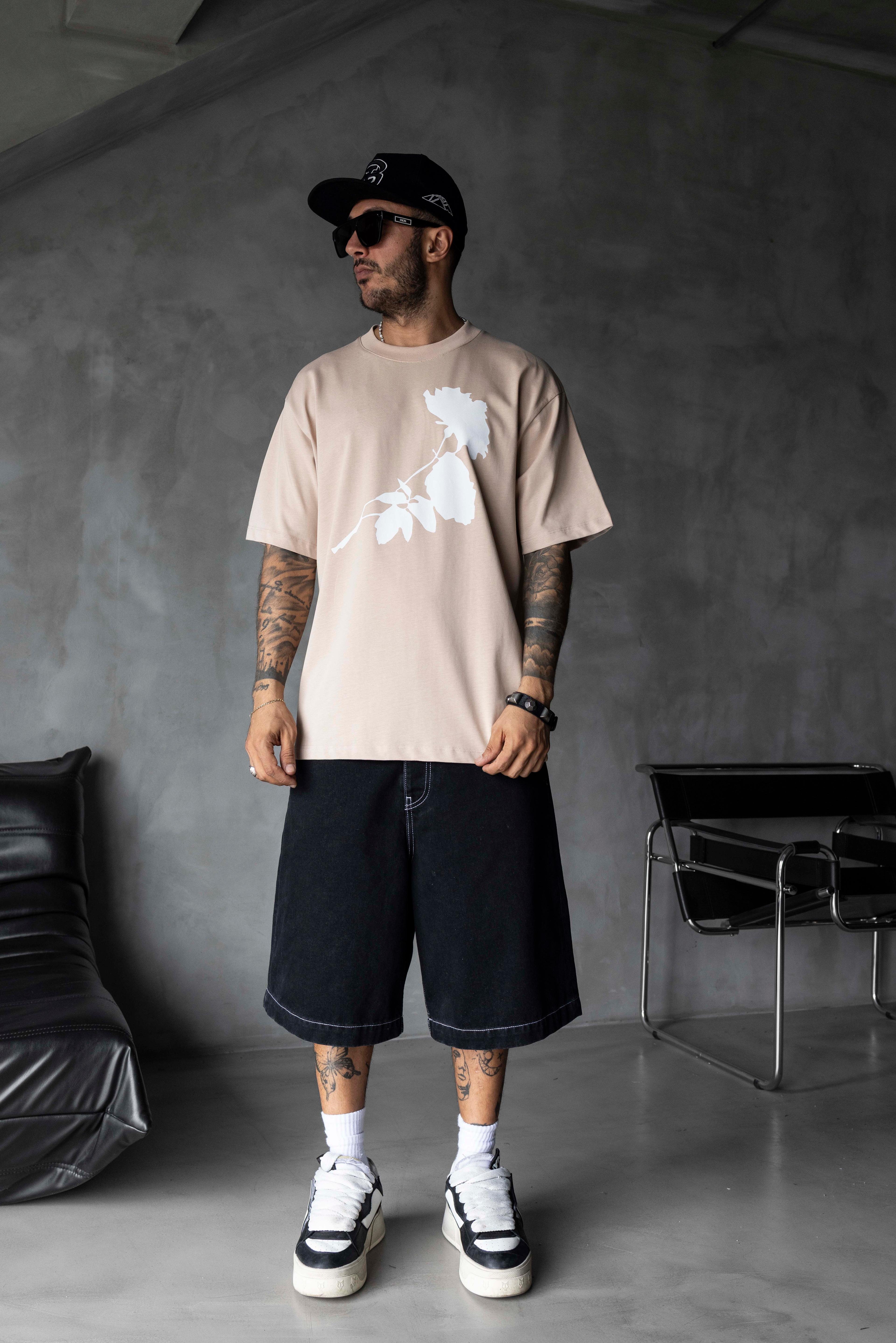 Çiçek Silüet Baskılı Oversize Tişört - BEJ