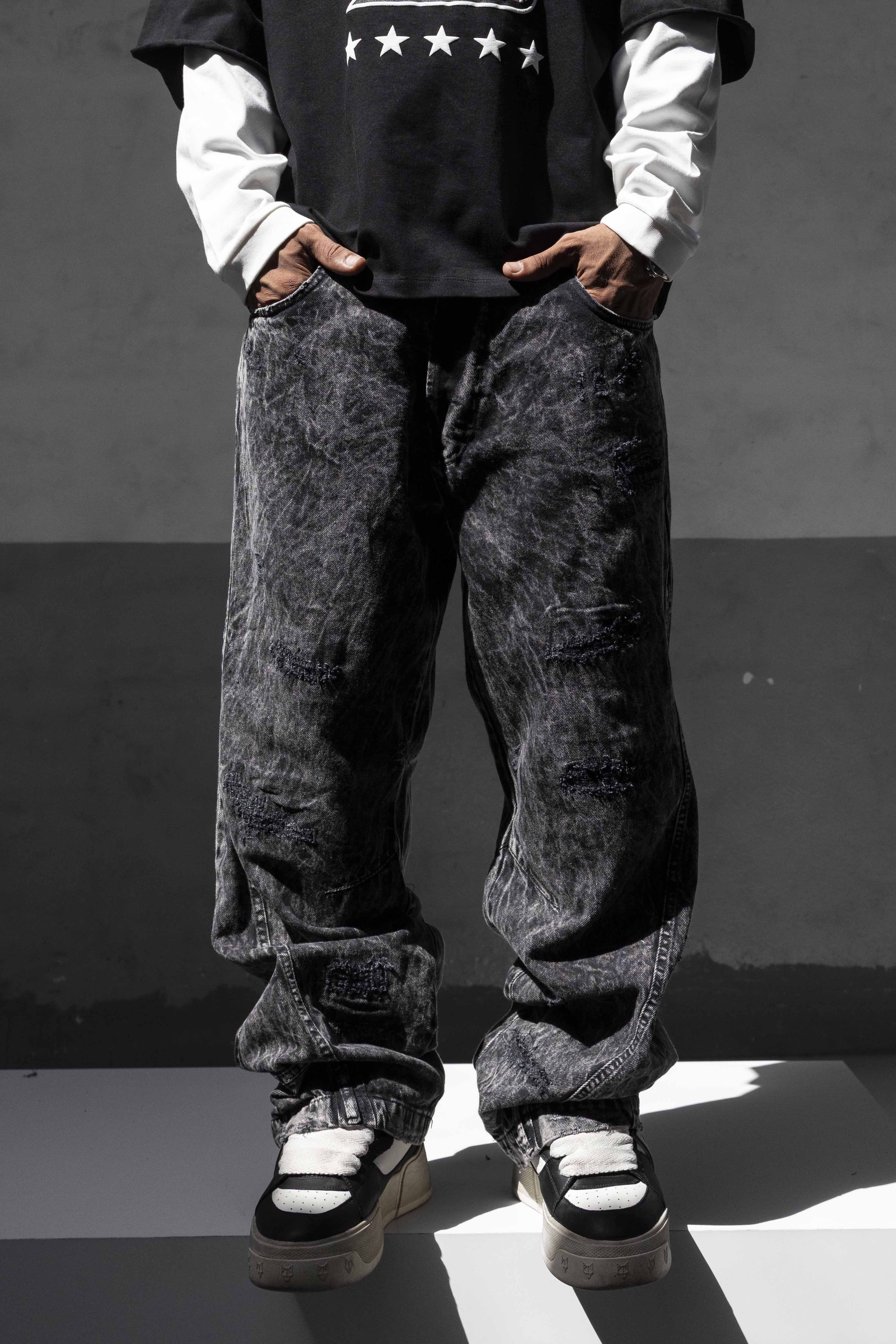 Black Acid Wash Baggy Denim Pants