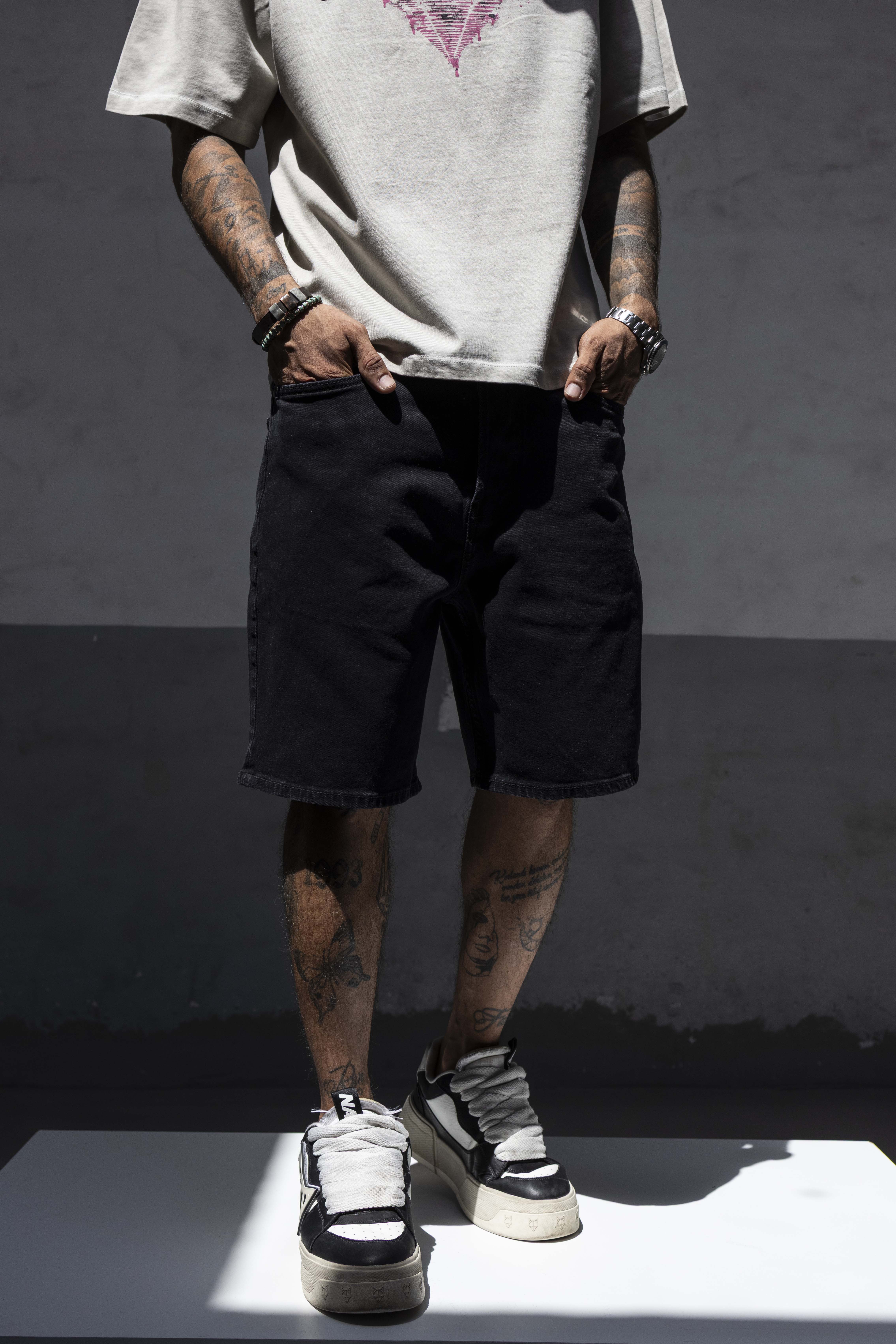 Solid Black Washed Denim Shorts