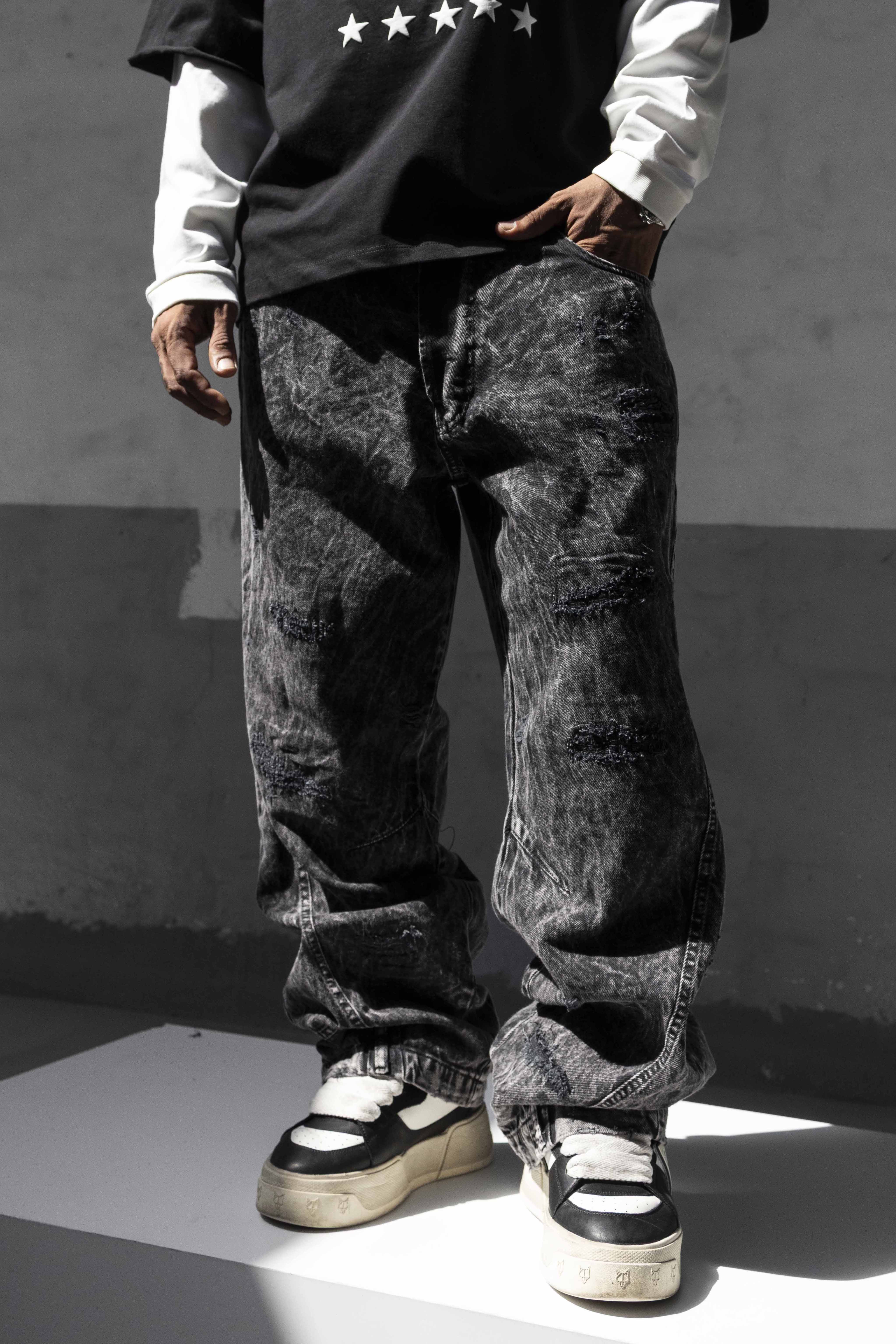 Black Acid Wash Baggy Denim Pants