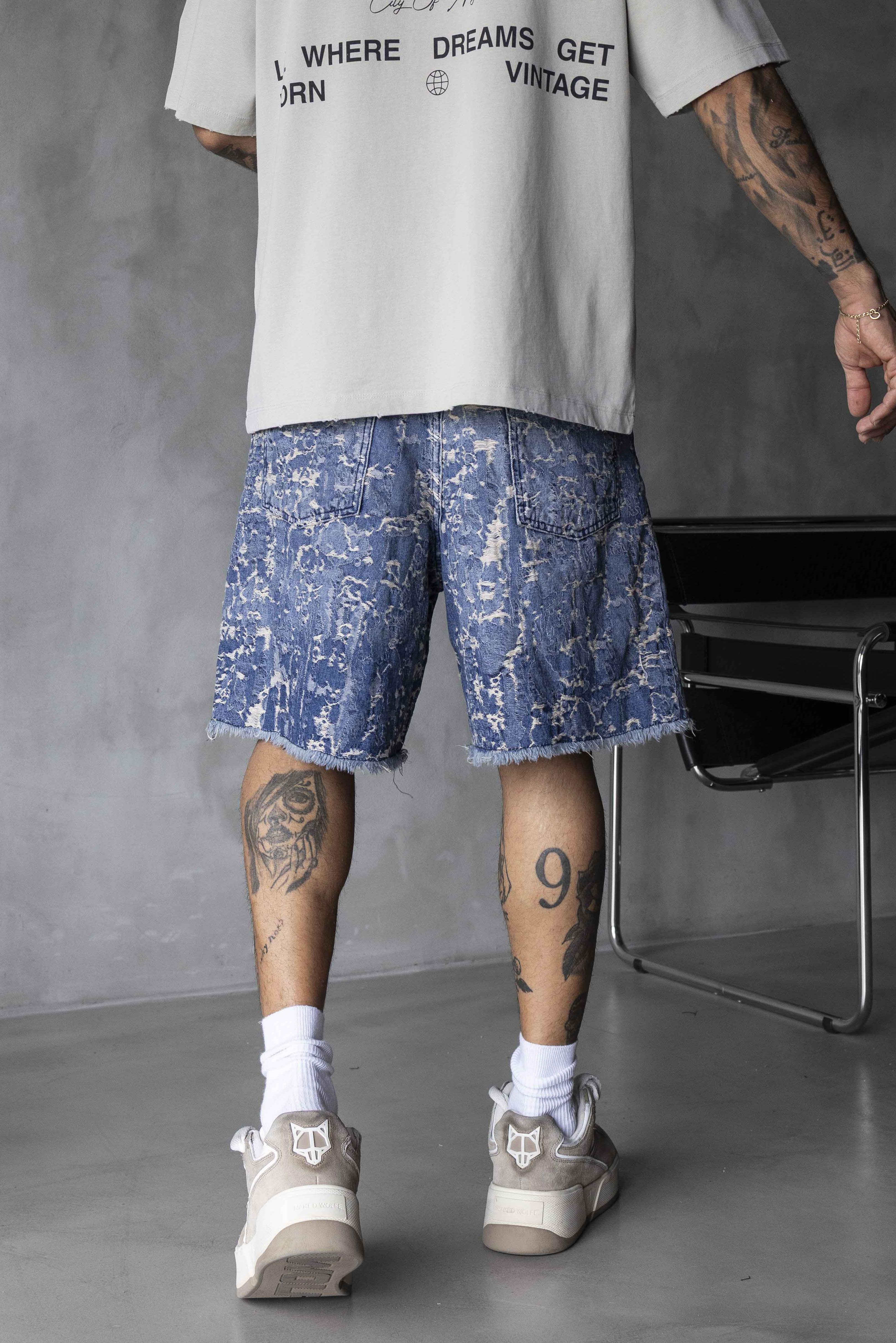 Bleached Pattern Denim Shorts