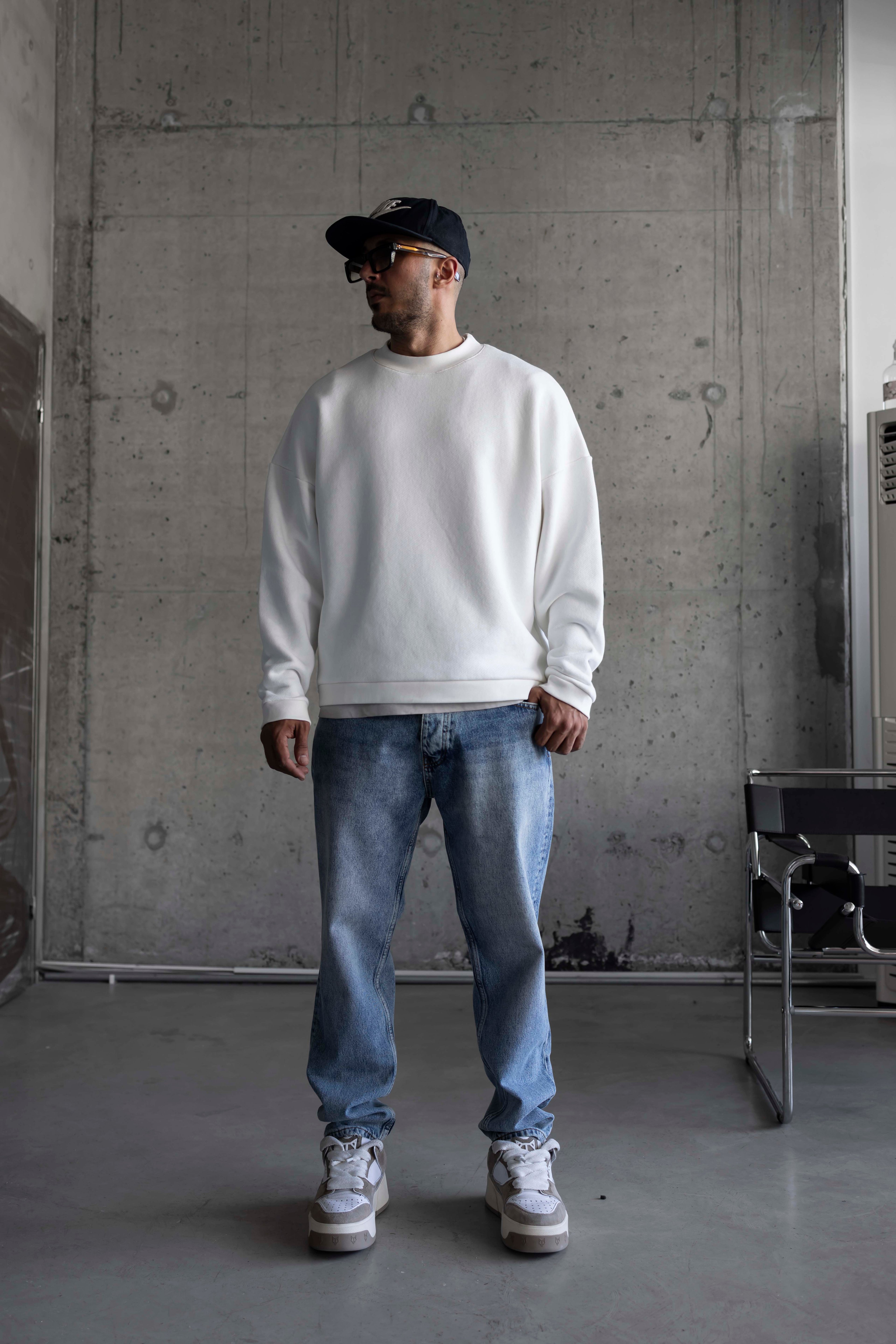 Yıkamalı Oversize Basic Sweatshirt - BEYAZ