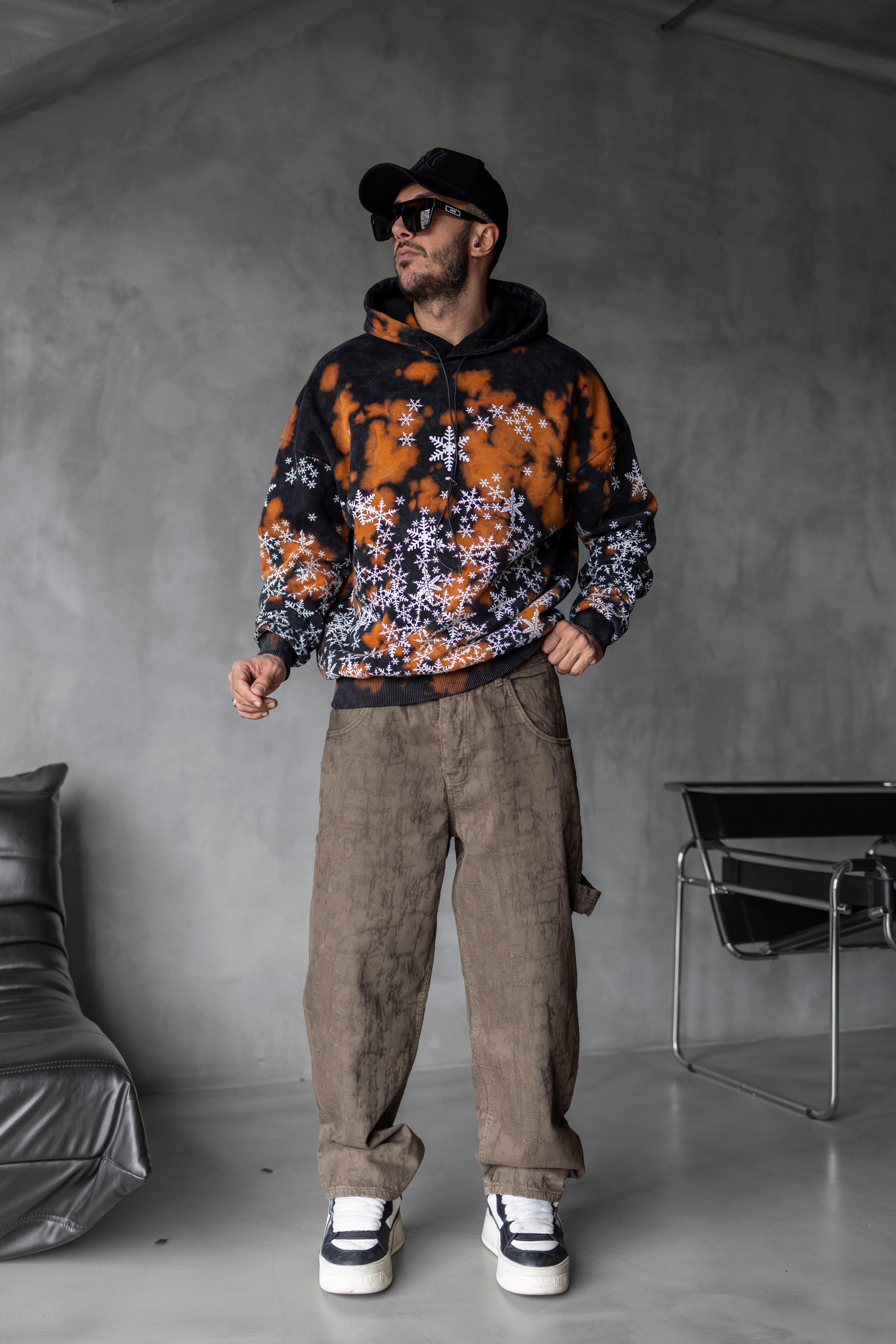 Kar Tanesi Desenli Oversize Kapüşonlu Sweatshirt - TURUNCU