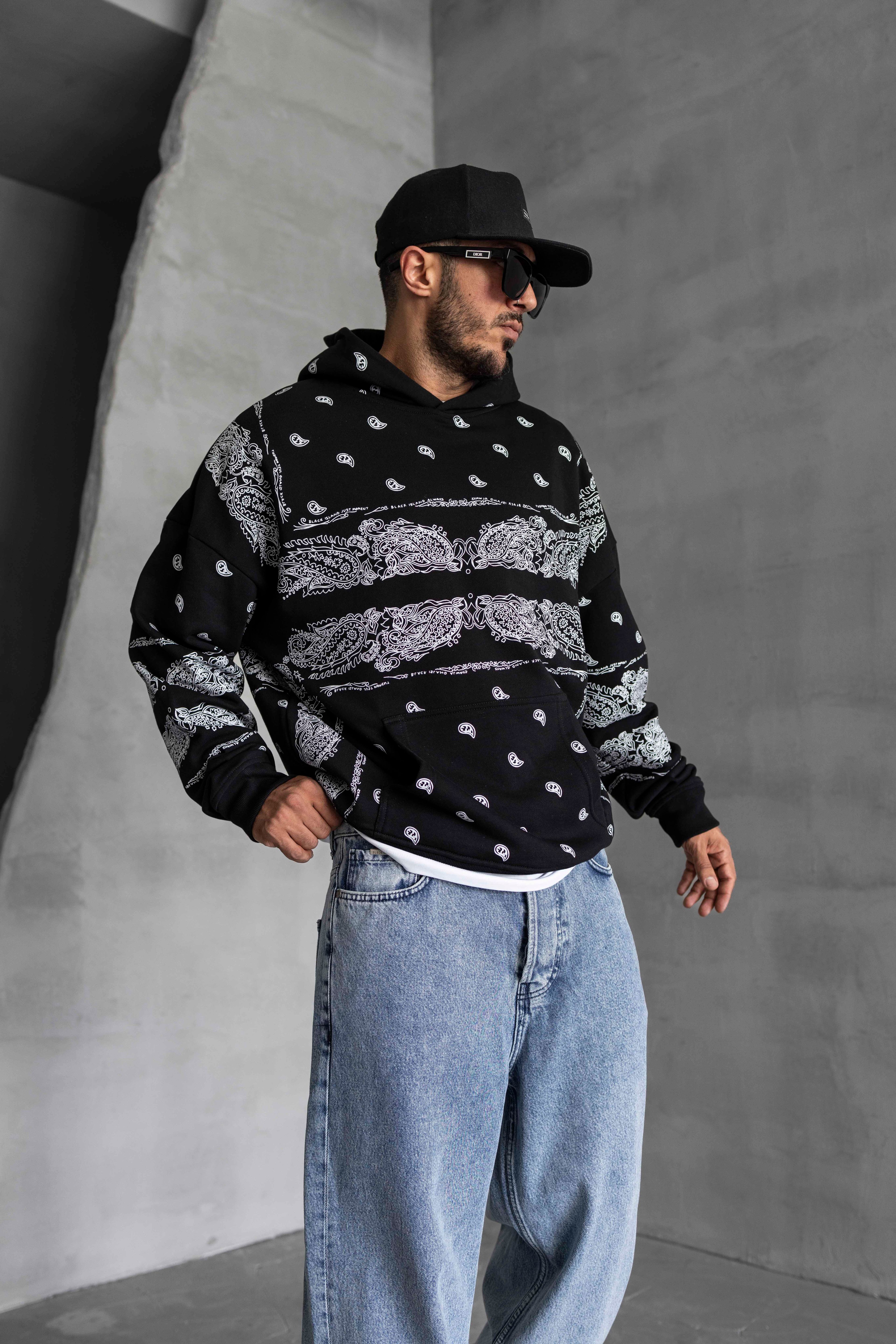 Bandana Desenli Oversize Kapüşonlu Sweatshirt