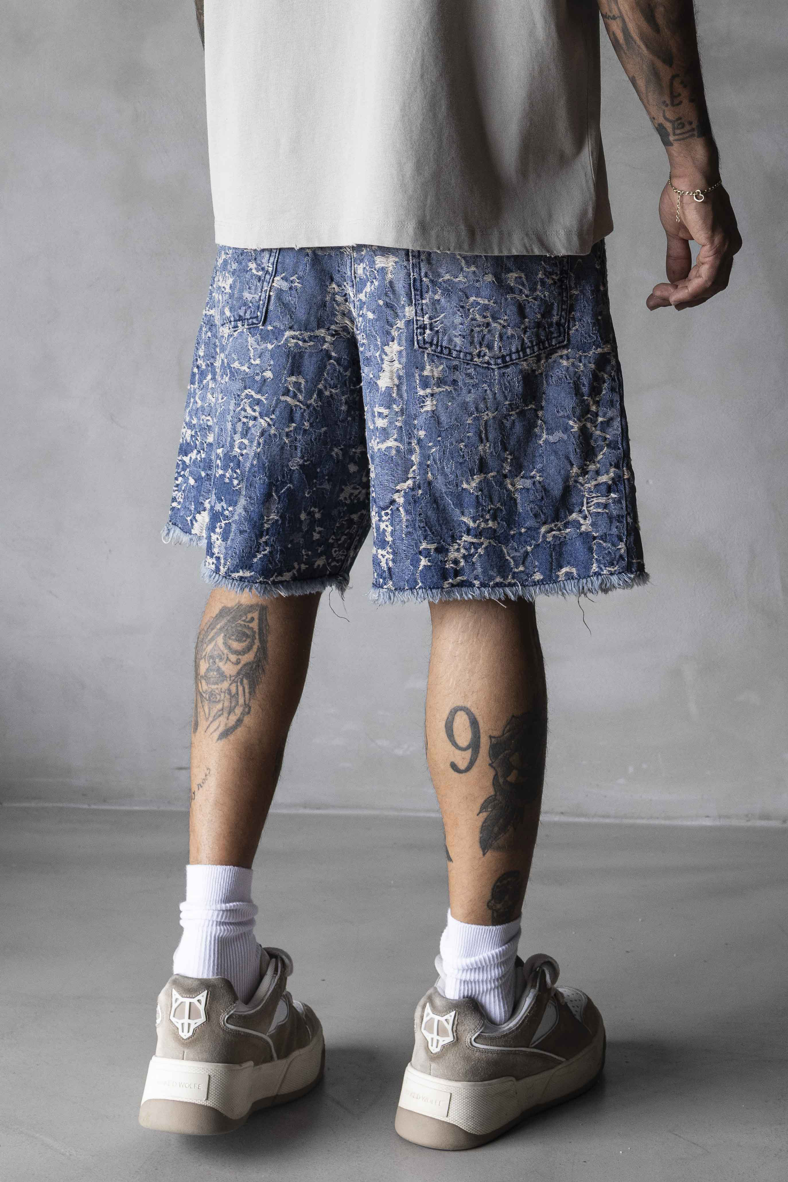 Bleached Pattern Denim Shorts