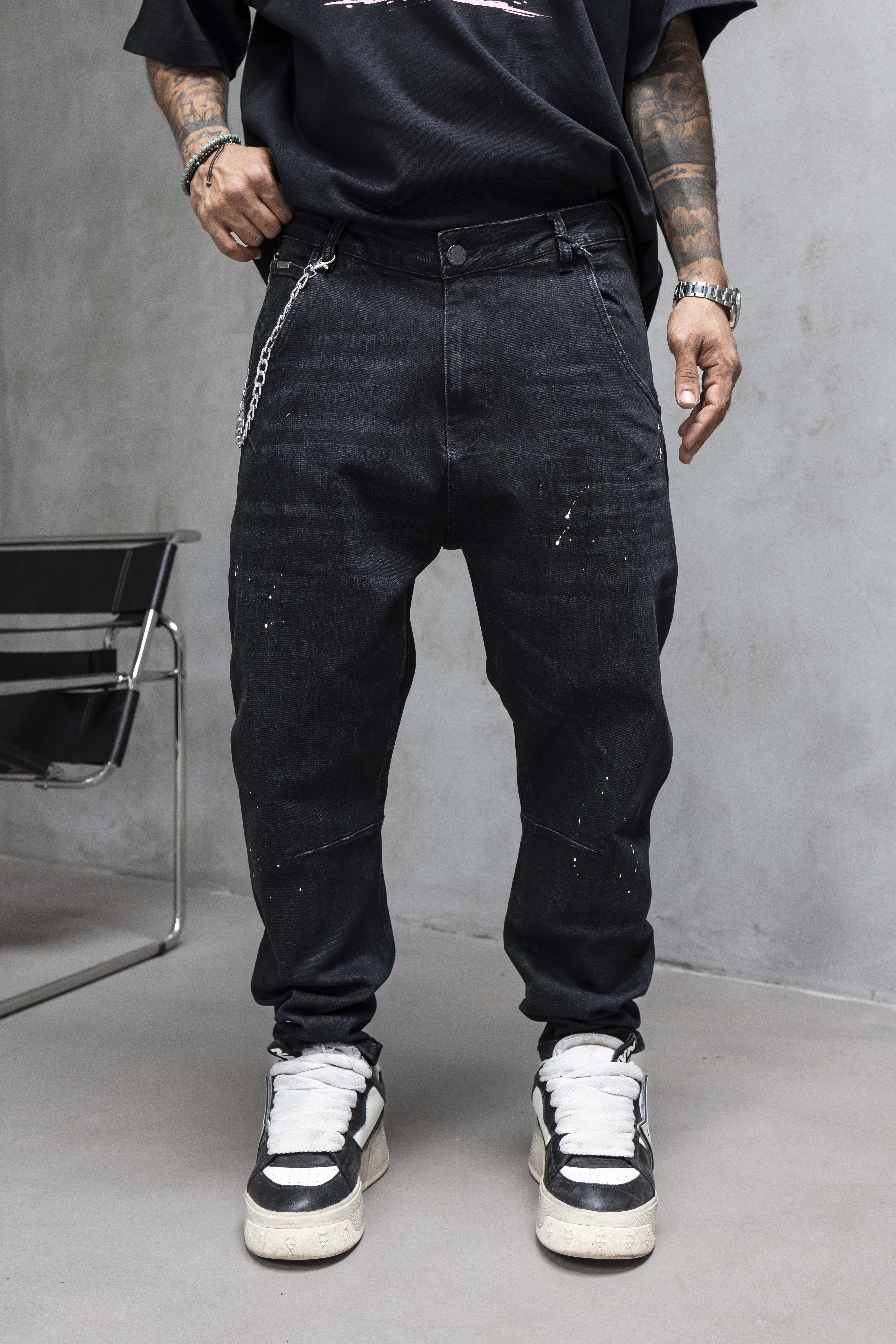 Relaxed Fit Paint Effect Denim Jeans – Black