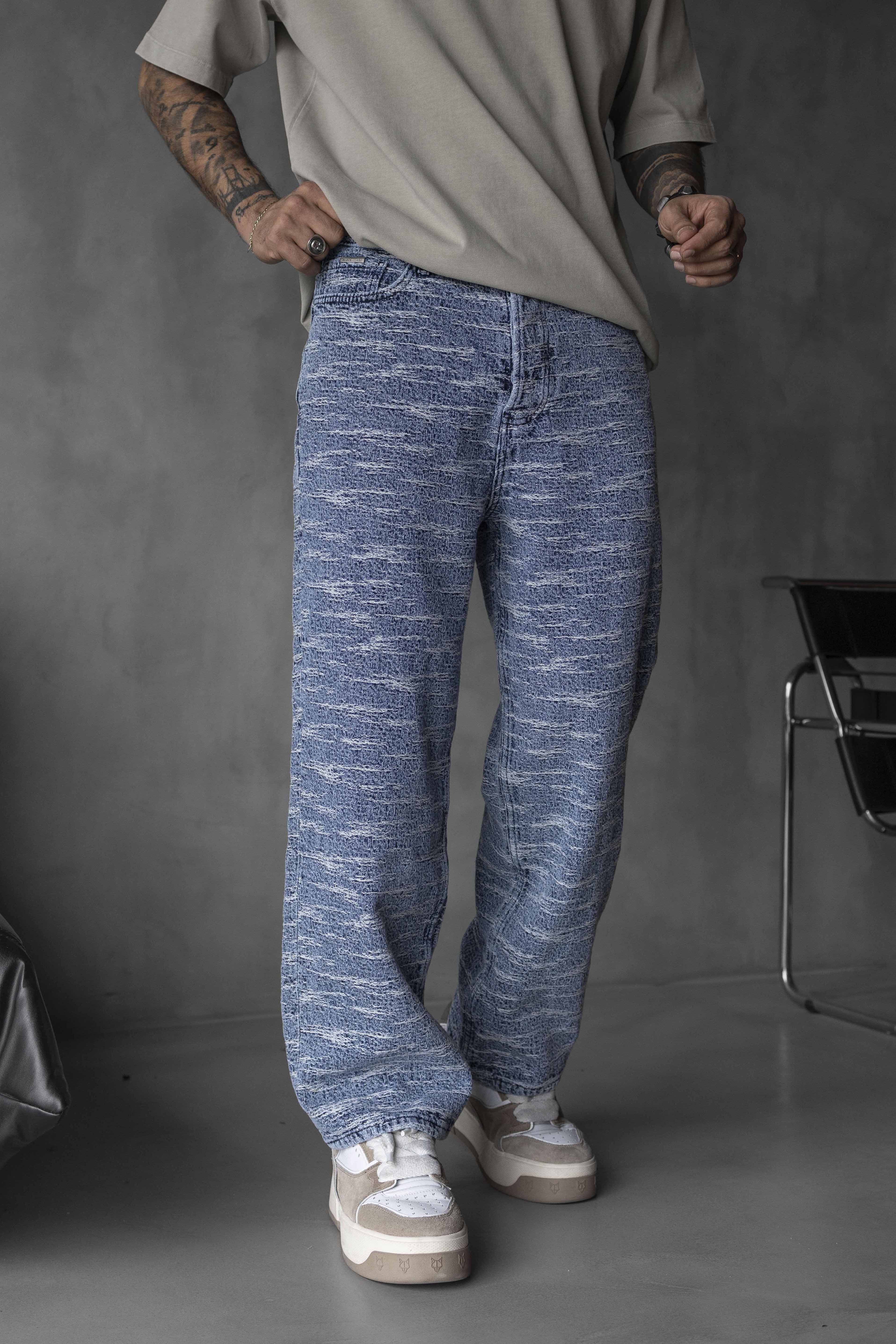 Blue Textured Pattern Denim Pants