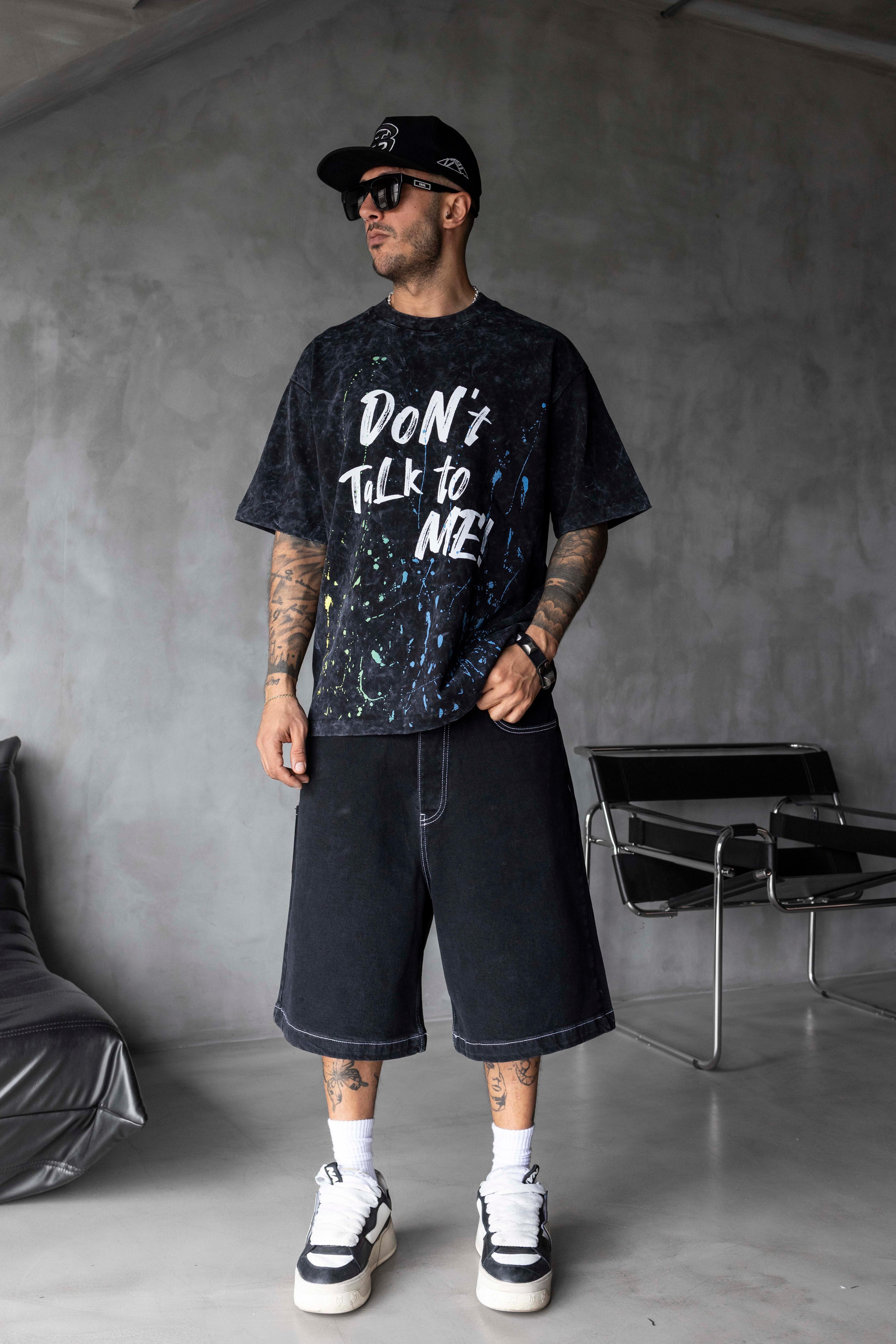 DON’T TALK TO ME Yazılı Yıkamalı Oversize Tişört - SİYAH