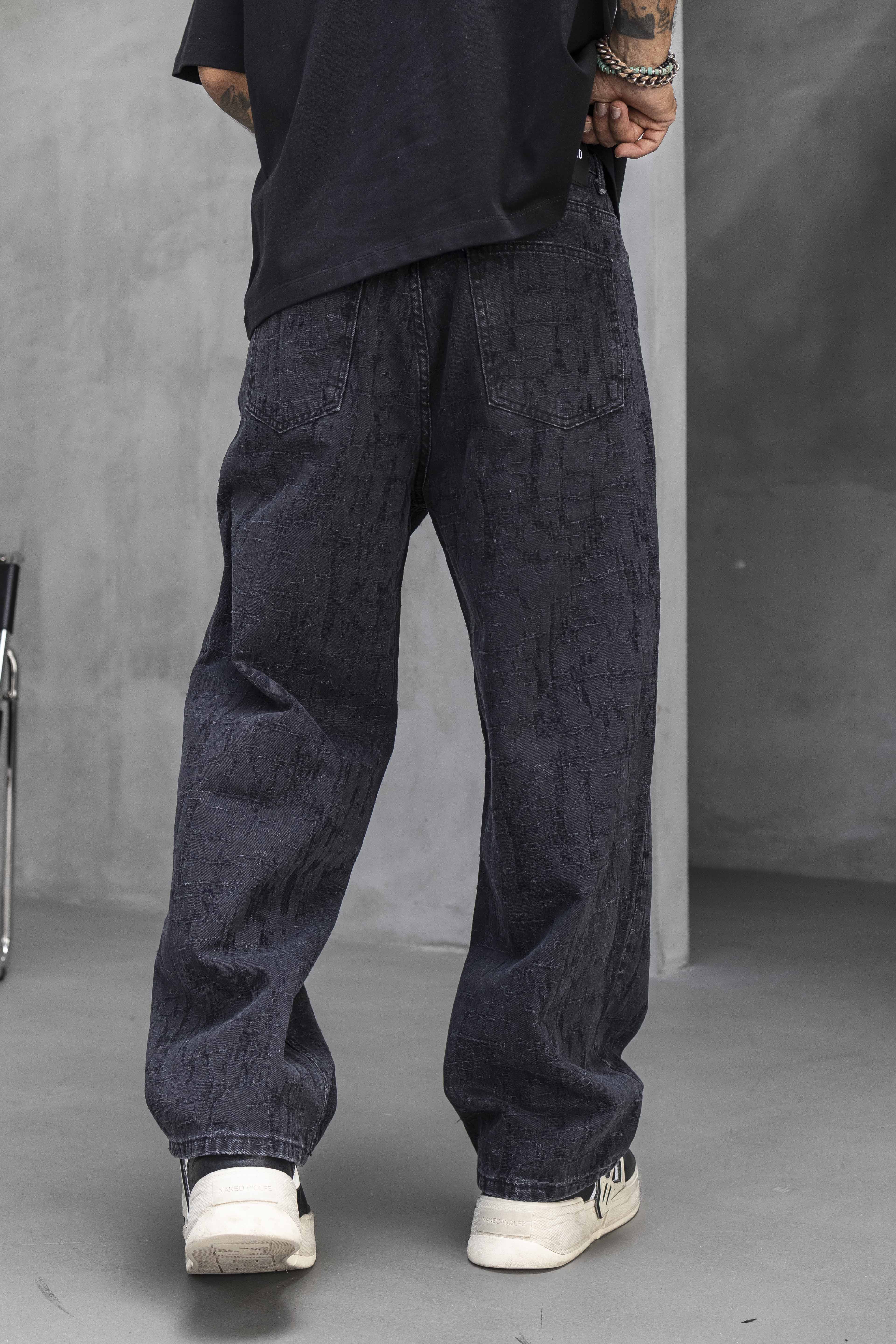 Geometric Textured Black Denim Pants