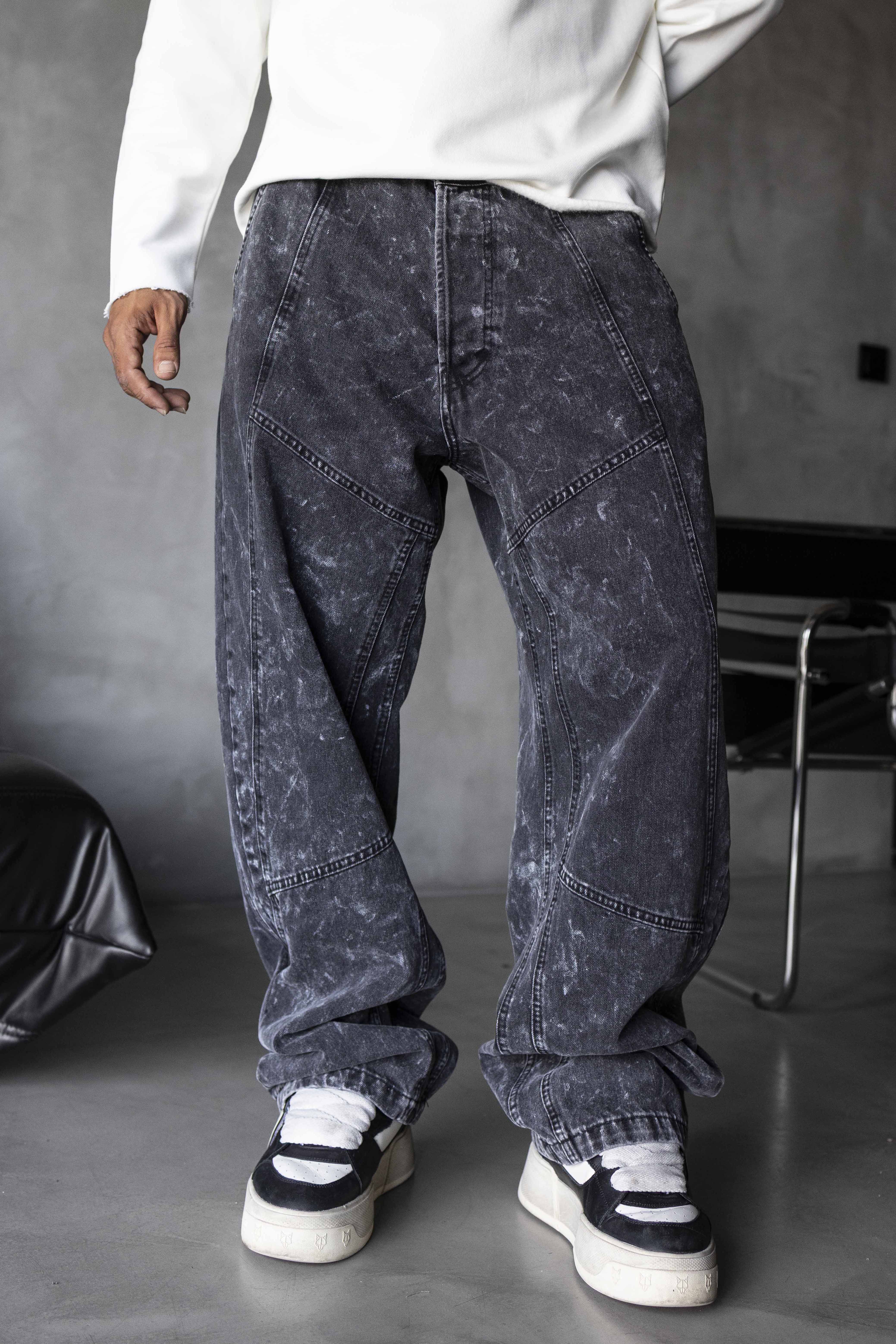 Washed Stitch Detail Denim Pants