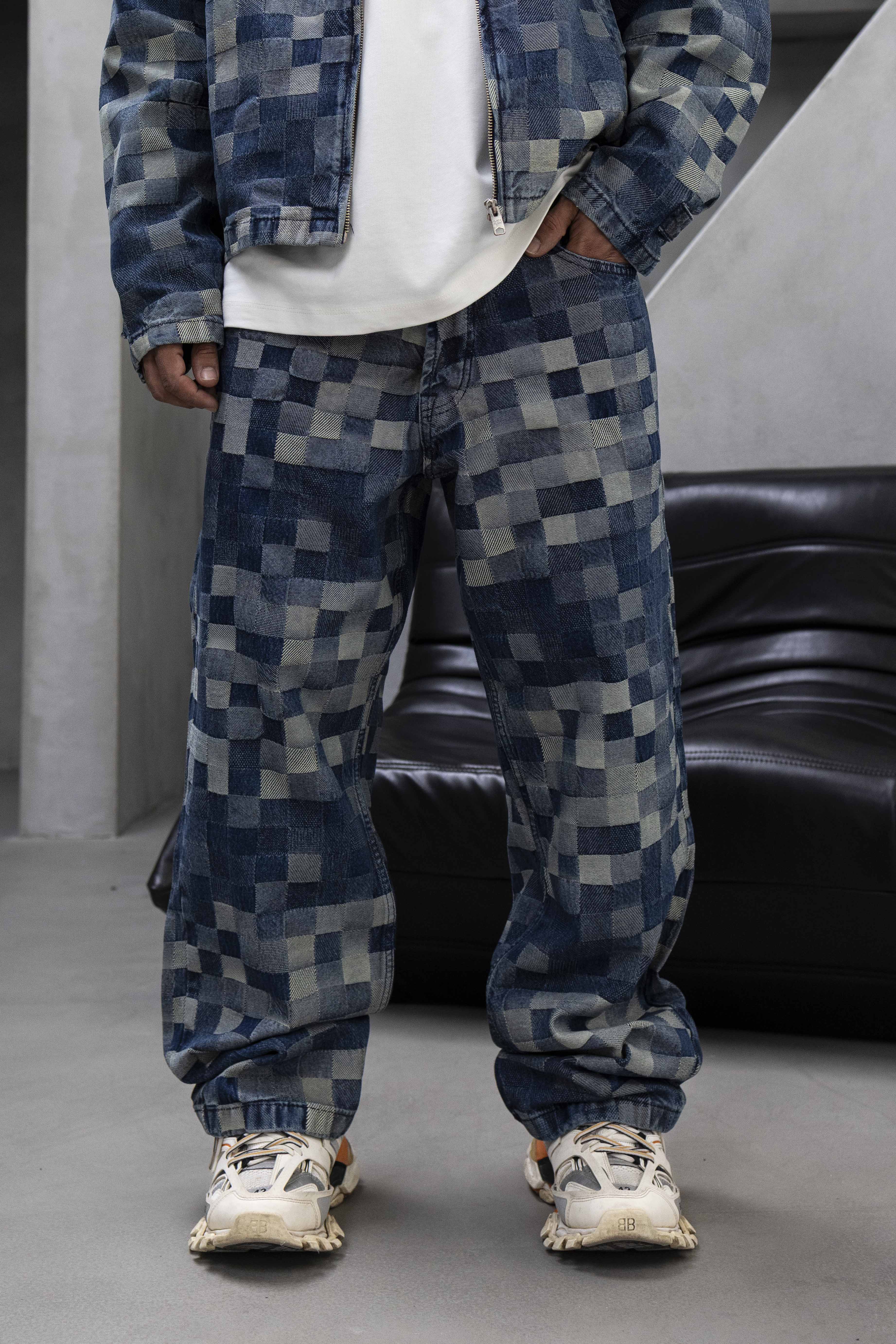 Checkerboard Pattern Denim Pants