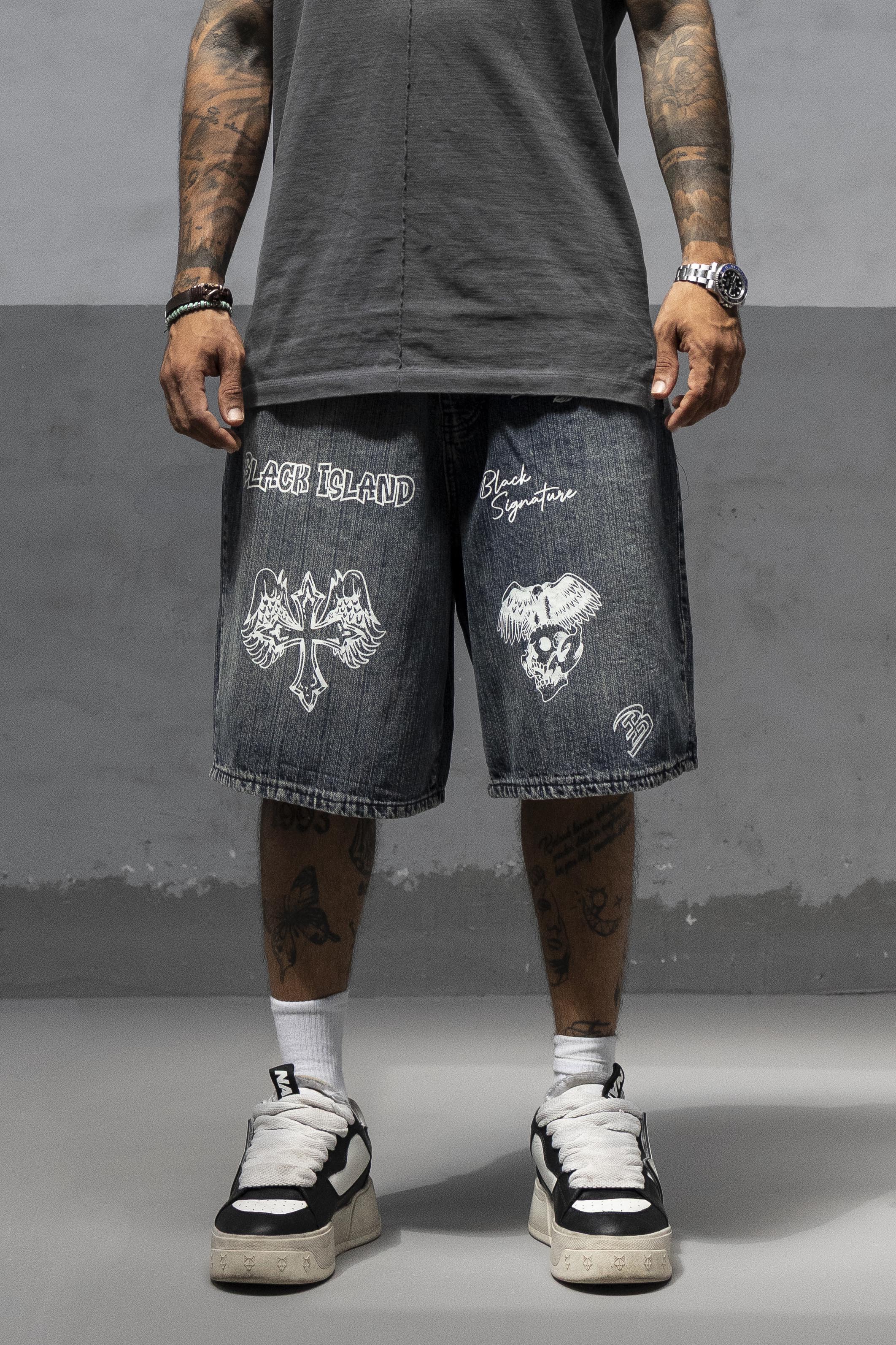 Black Graphic Printed Oversized Denim Shorts