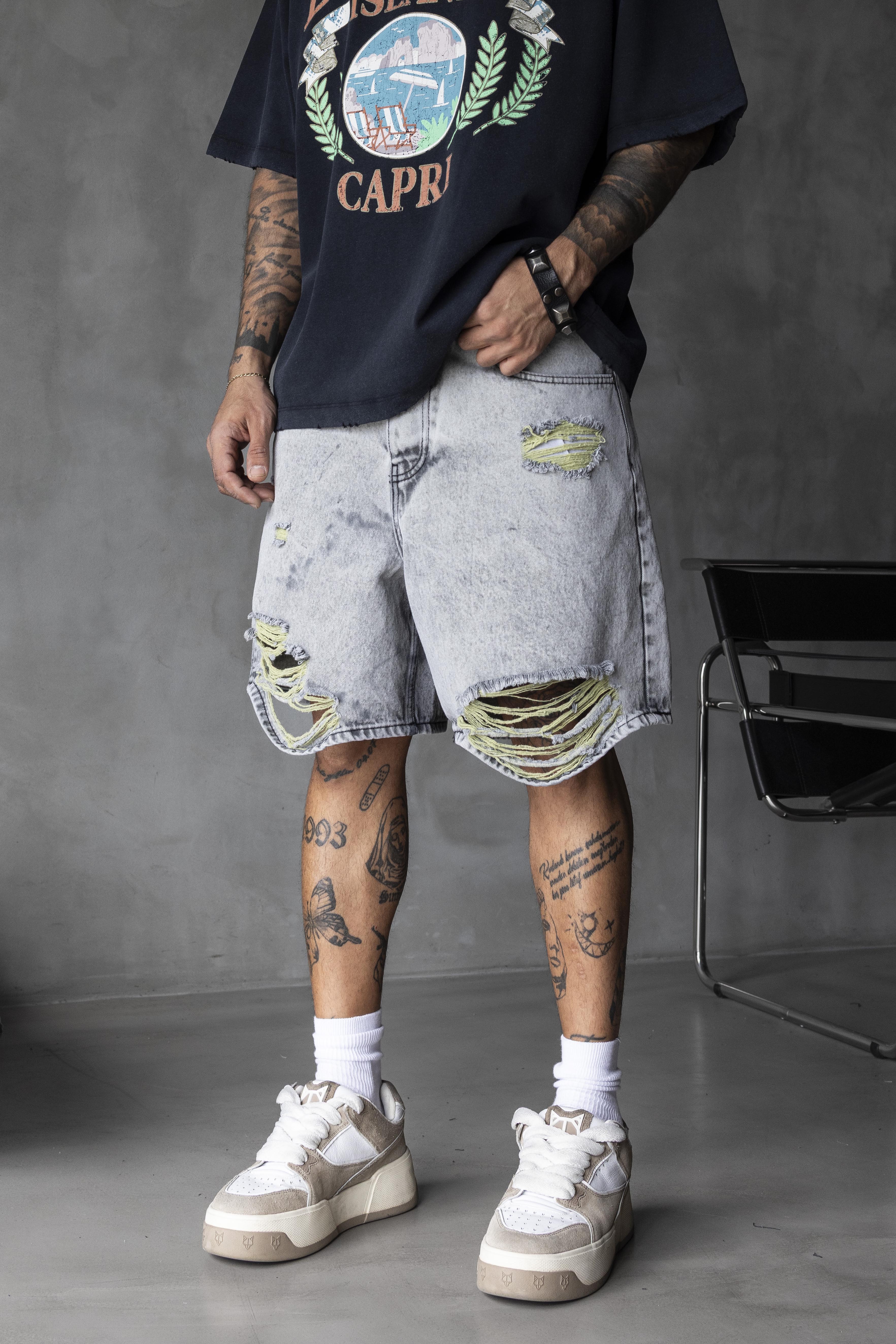 Grey Heavy Ripped Denim Shorts