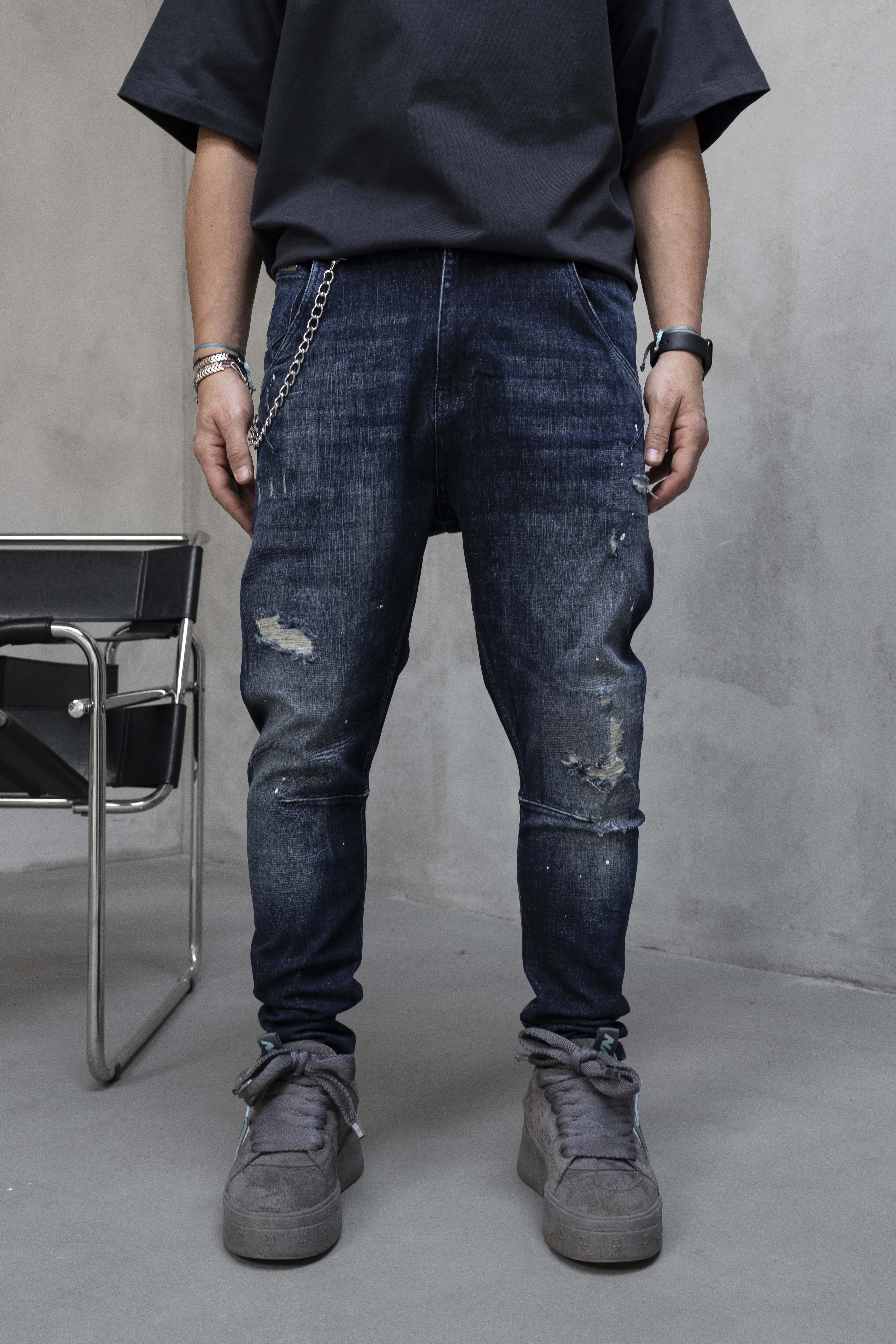 Loose Fit Dark Blue Paint Splatter Denim Jeans