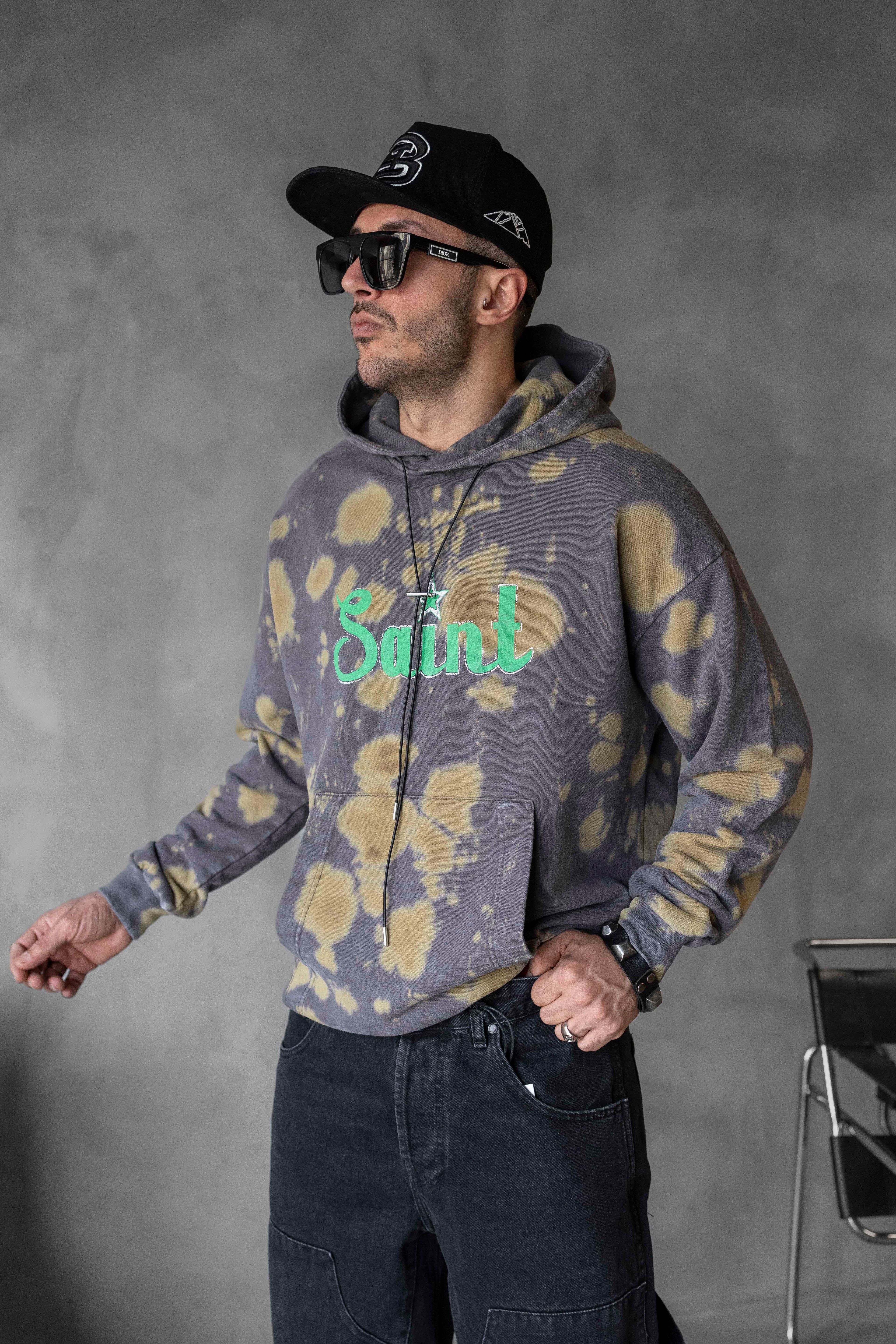 Saint Yazılı Batik Desen Kapüşonlu Sweatshirt