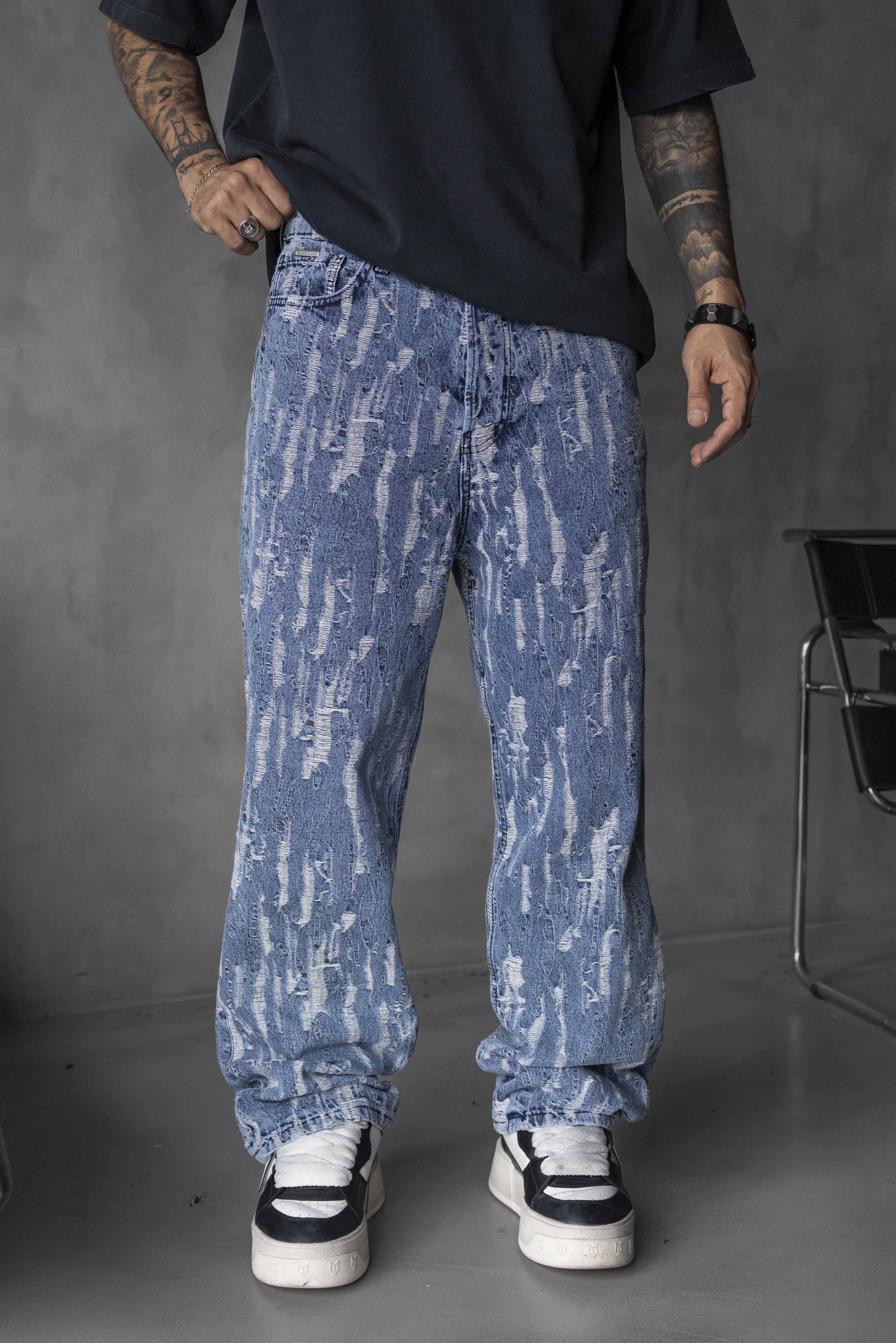 Blue Washed Distressed Denim Pants