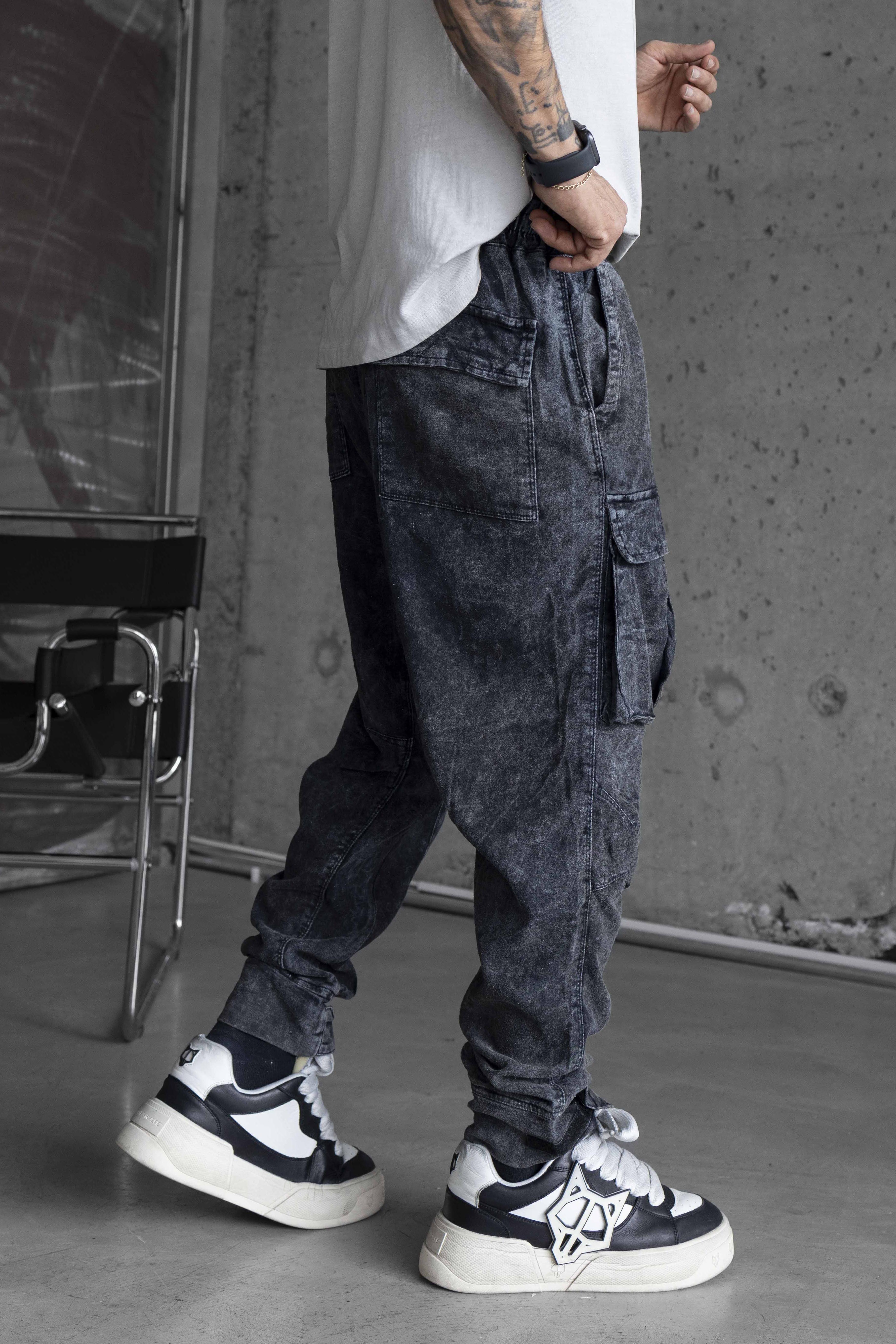 Washed Black Cargo Jogger Pants