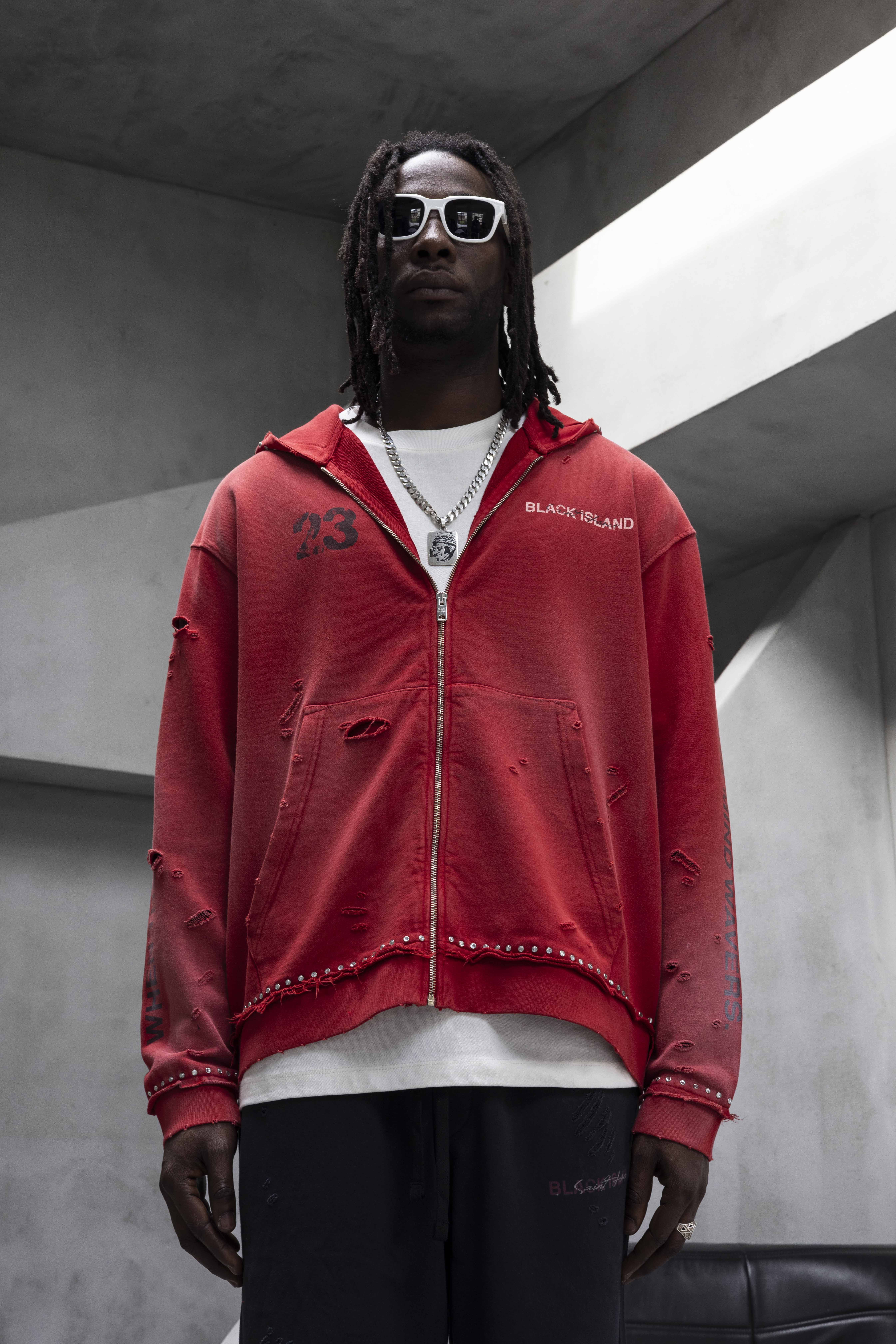 Red Destroyed Stud Detailed Oversize Hoodie
