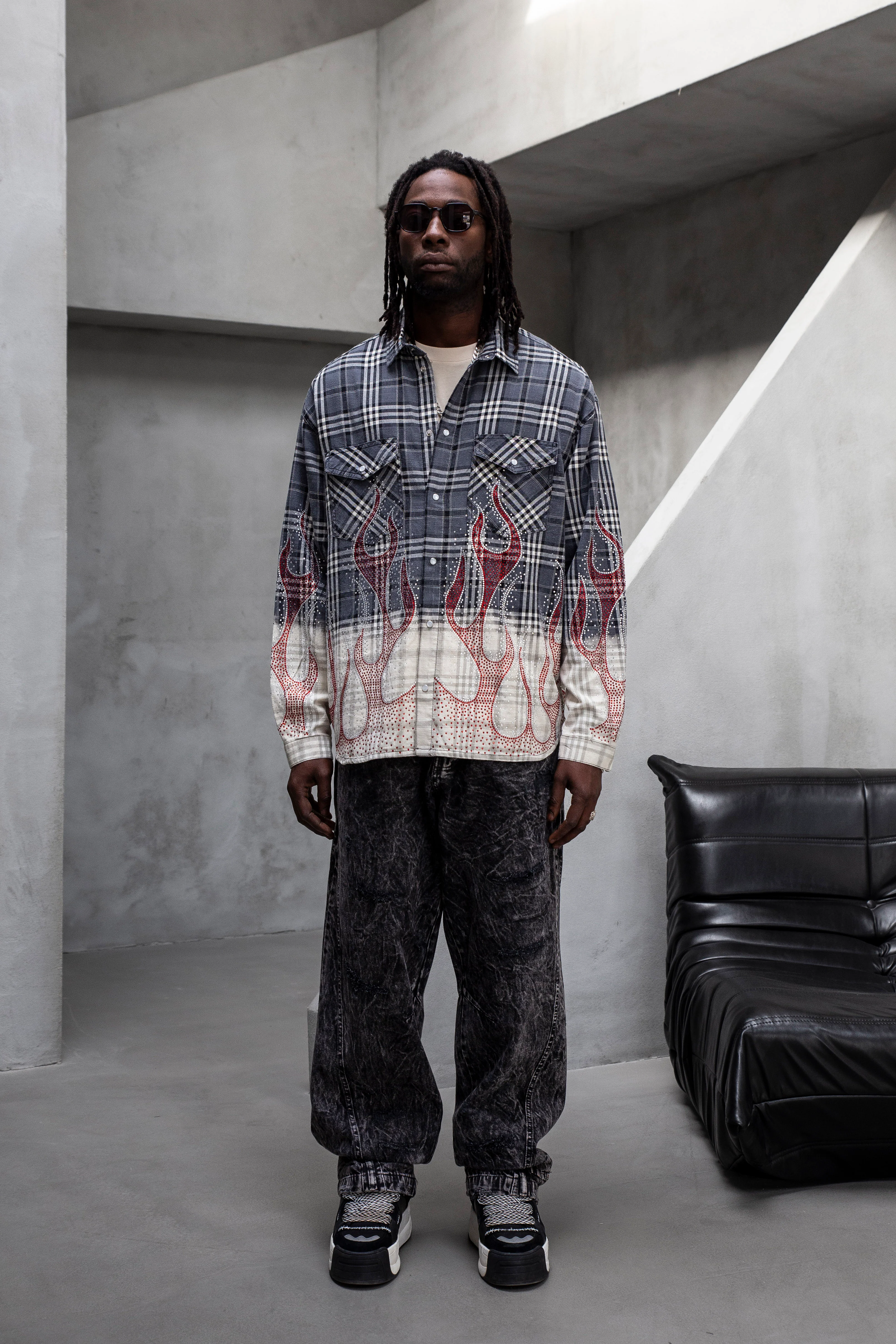 Grey & Beige Flame-Patterned Plaid Shirt