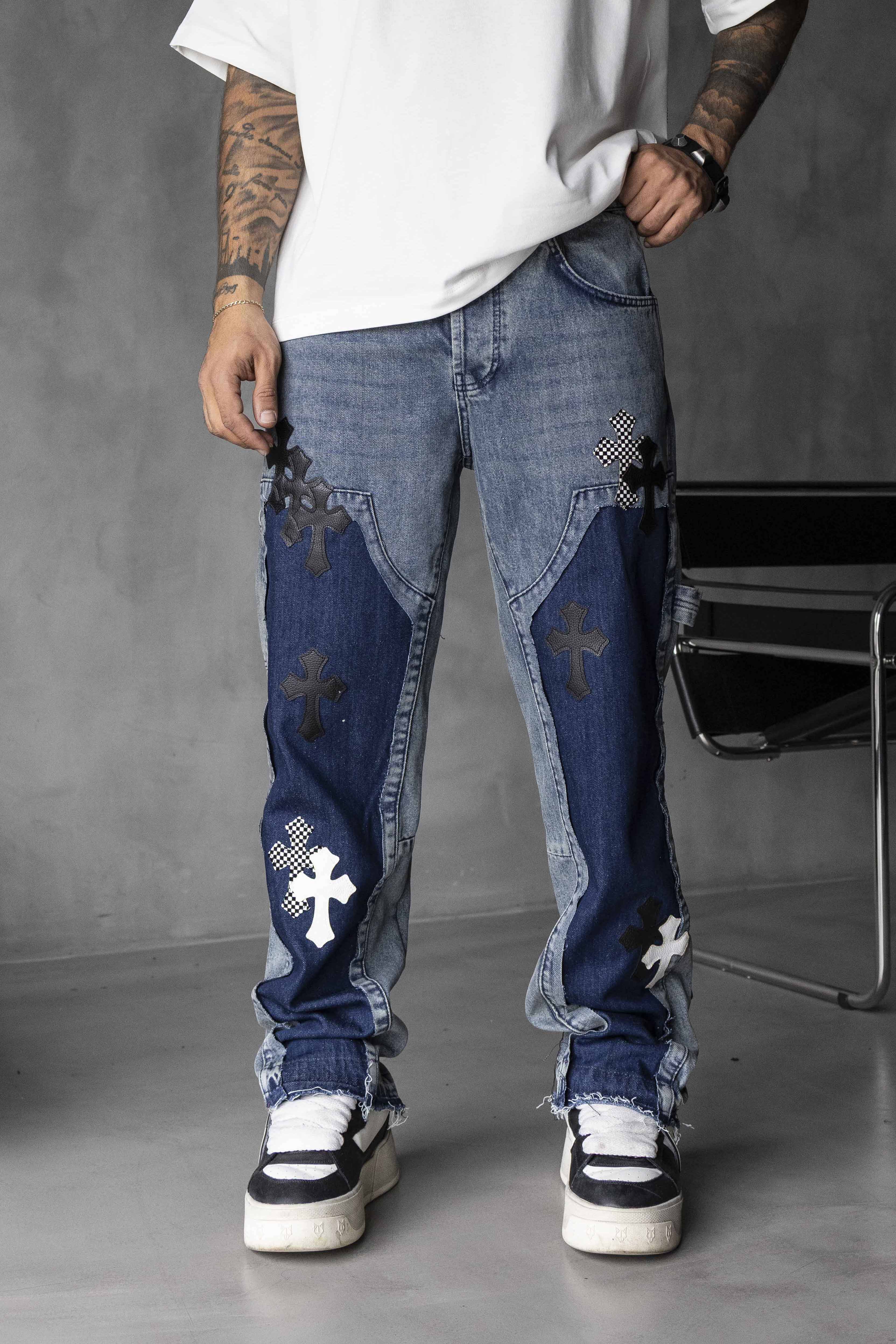 Cross Patchwork Two-Tone Denim Pants