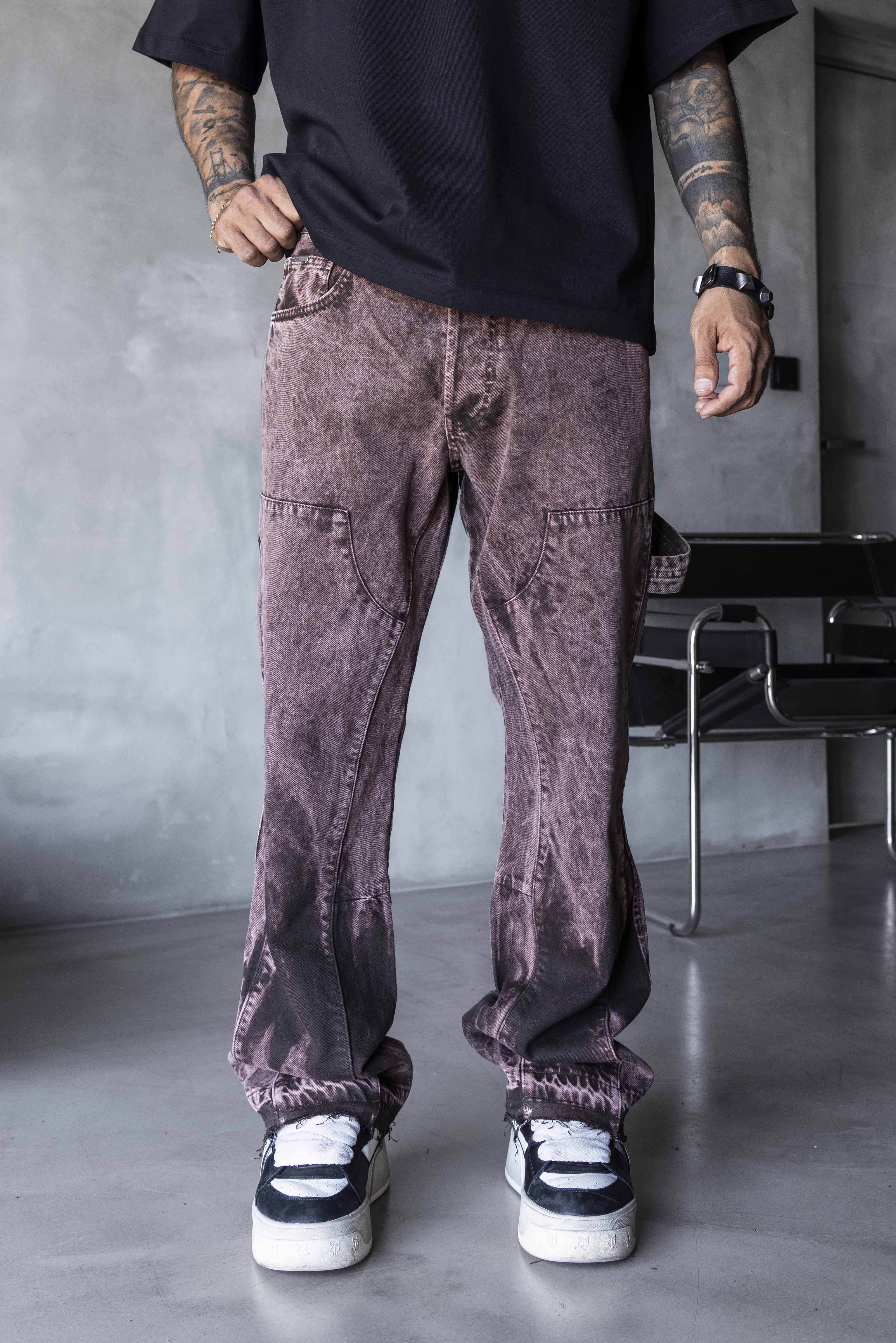 Burgundy Washed Cargo Denim Pants