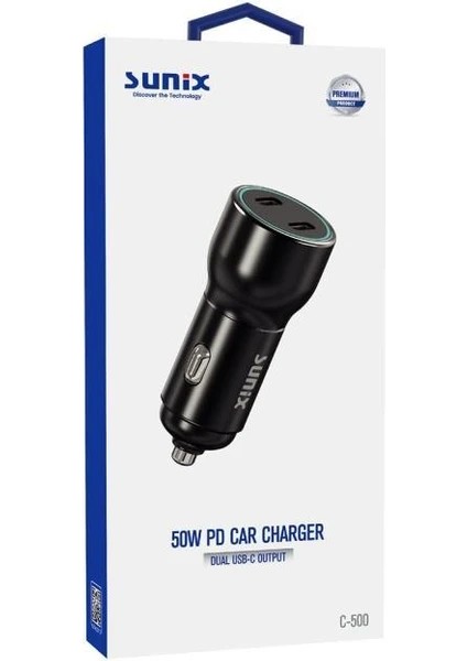 Sunix 50W Pd Çift Usb-C Çıkışlı Araç Şarj Cihazı Başlık C-500