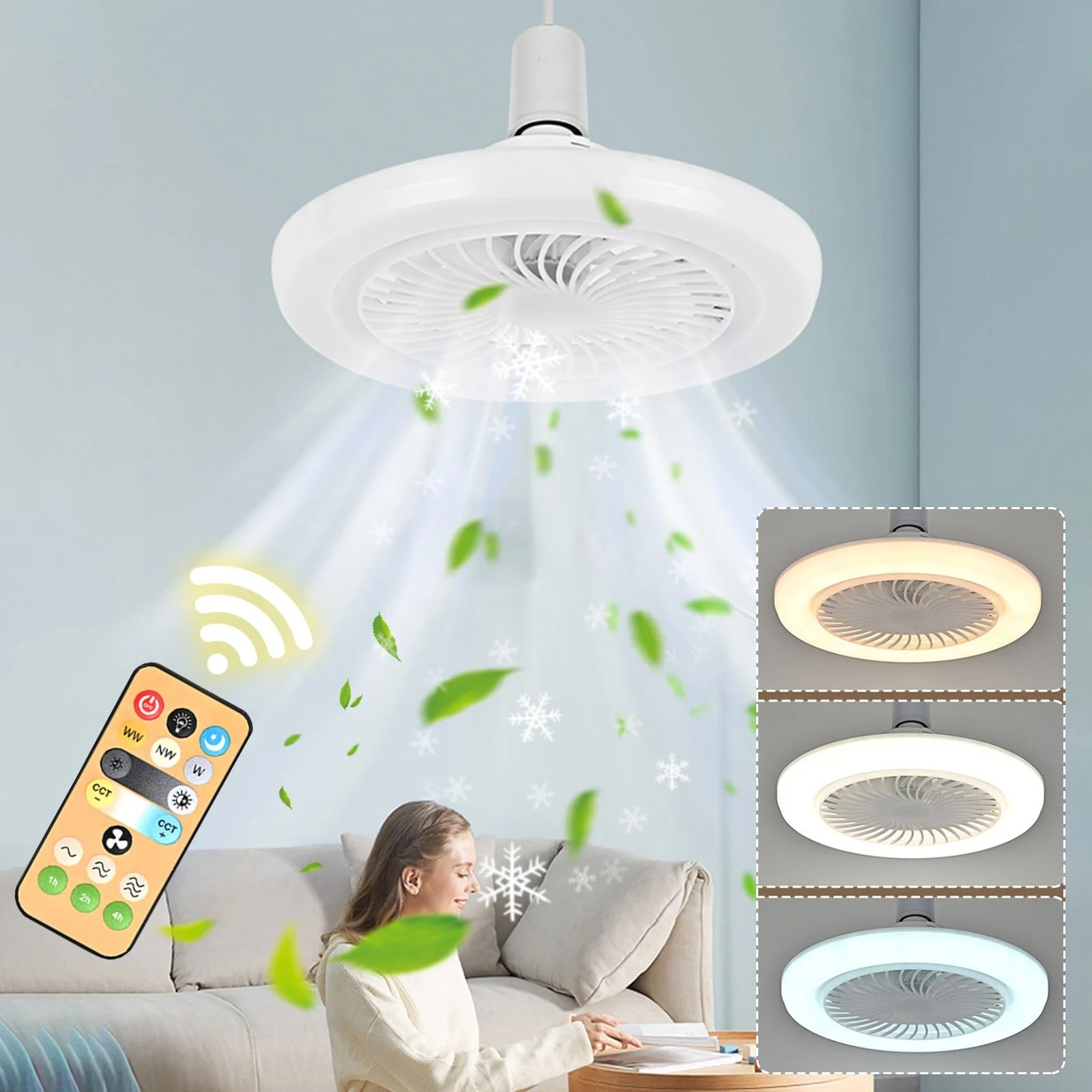 2'si 1 arada Üç hızlı Mod LED Fan Işık LED Lamba Vidalı Fan Işık Uzaktan Kumanda Kontrollü 