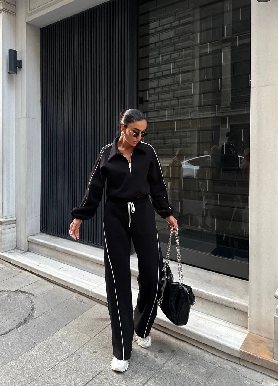 Dinamik Çizgili 3 İplik Crop Sweatshirt ve Geniş Paça Eşofman Takımı