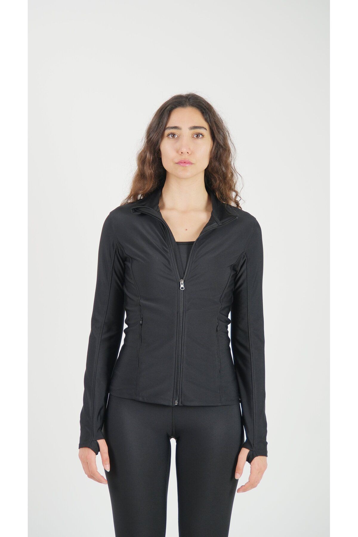 Fermuarlı Çift Cepli Parmak Geçmeli Slim Fit Spor Ceketi Gri