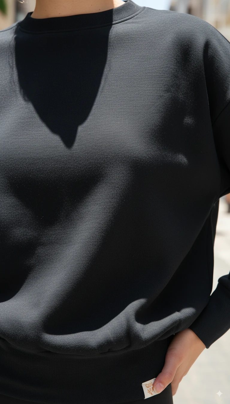 Kadın Bisiklet Yaka Içi Polarlı Oversize Fit Basic Siyah %100 Pamuk Sweatshirt