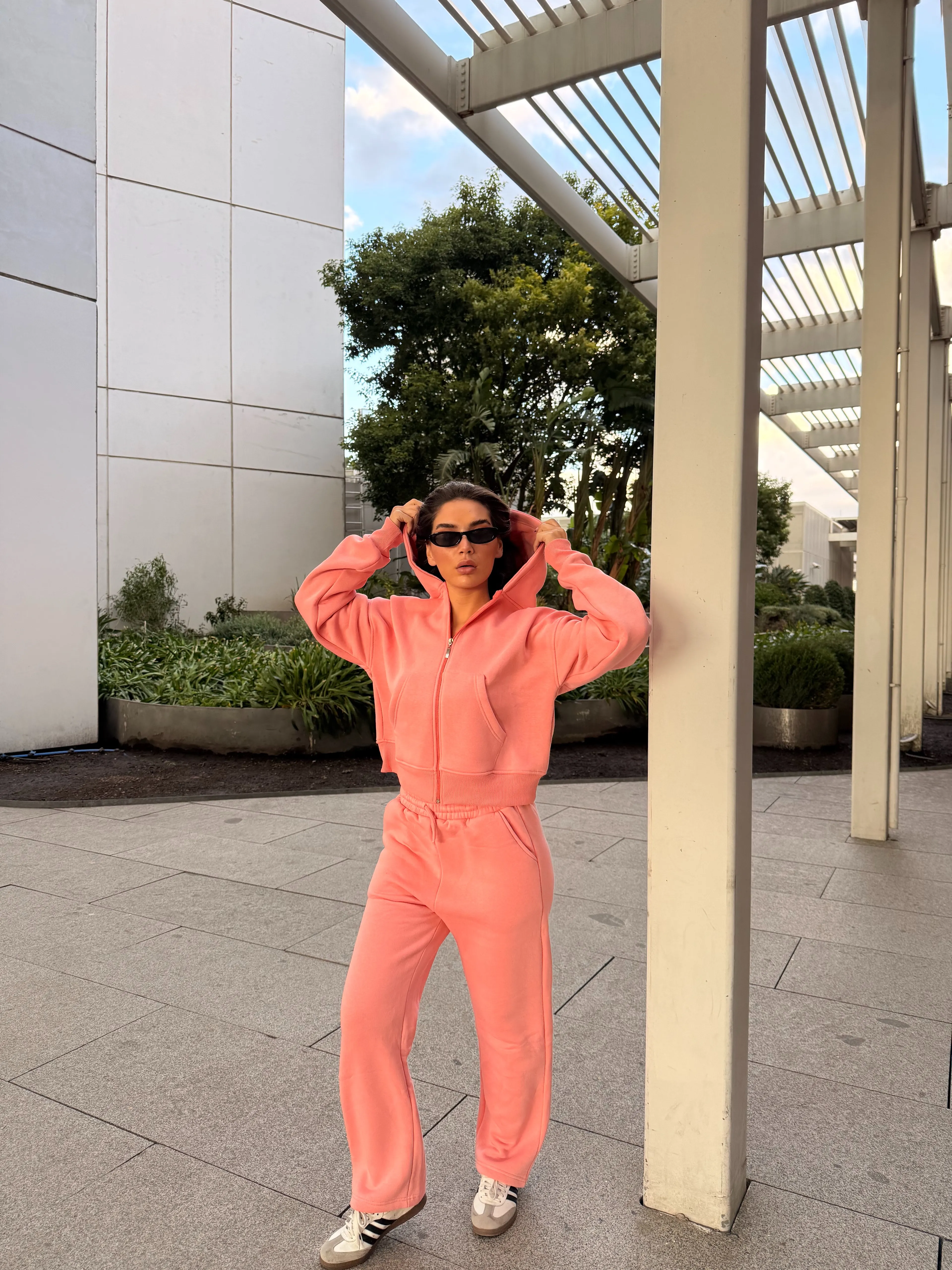 İçi Polar Oversize Kesim Kapüşonlu Fermuarlı 3 İplik Kadın Eşofman Takımı - Somon