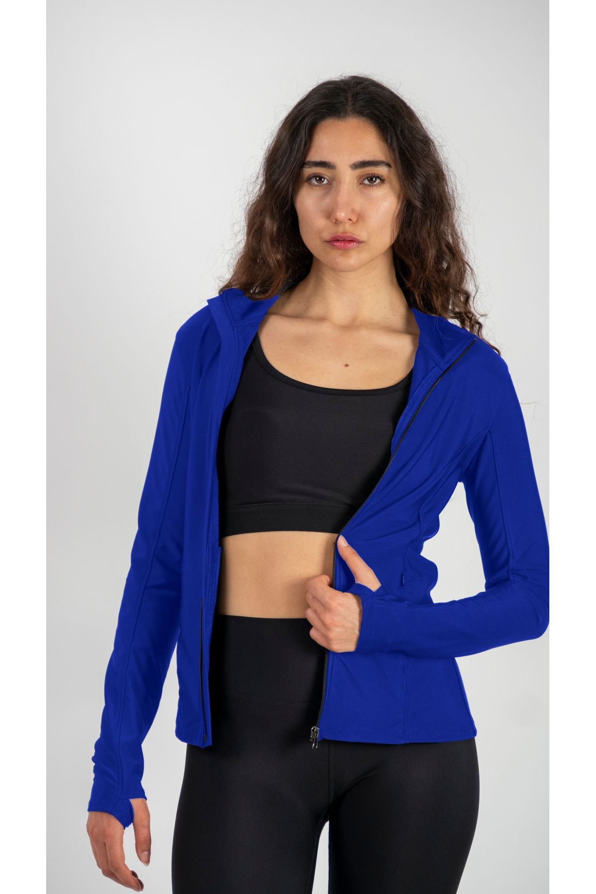 Fermuarlı Çift Cepli Parmak Geçmeli Slim Fit Spor Ceketi Gri - Lacivert